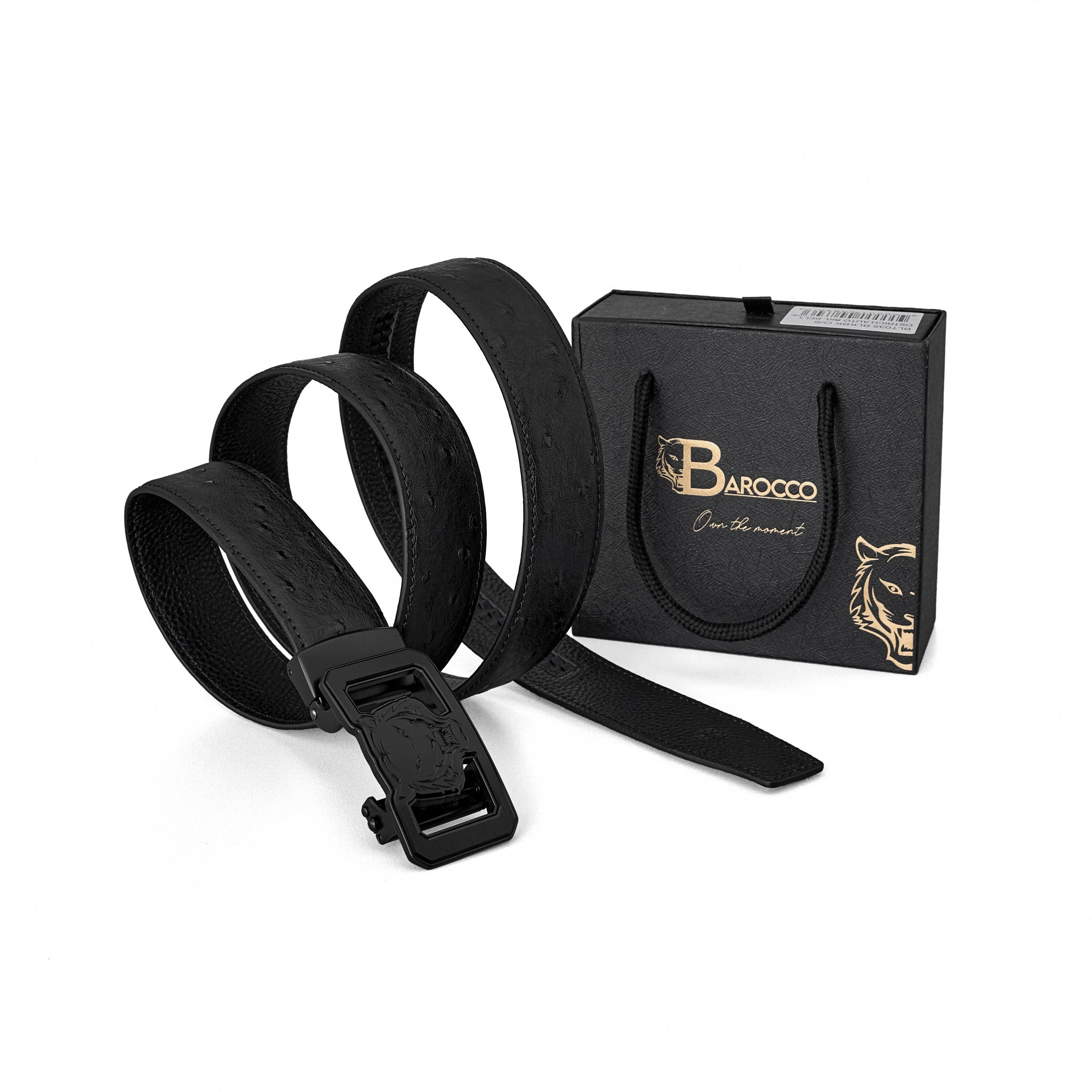 Ostrich-Emb. Leather Lion Auto BKL Belt – Blackout BLACK/BLACK