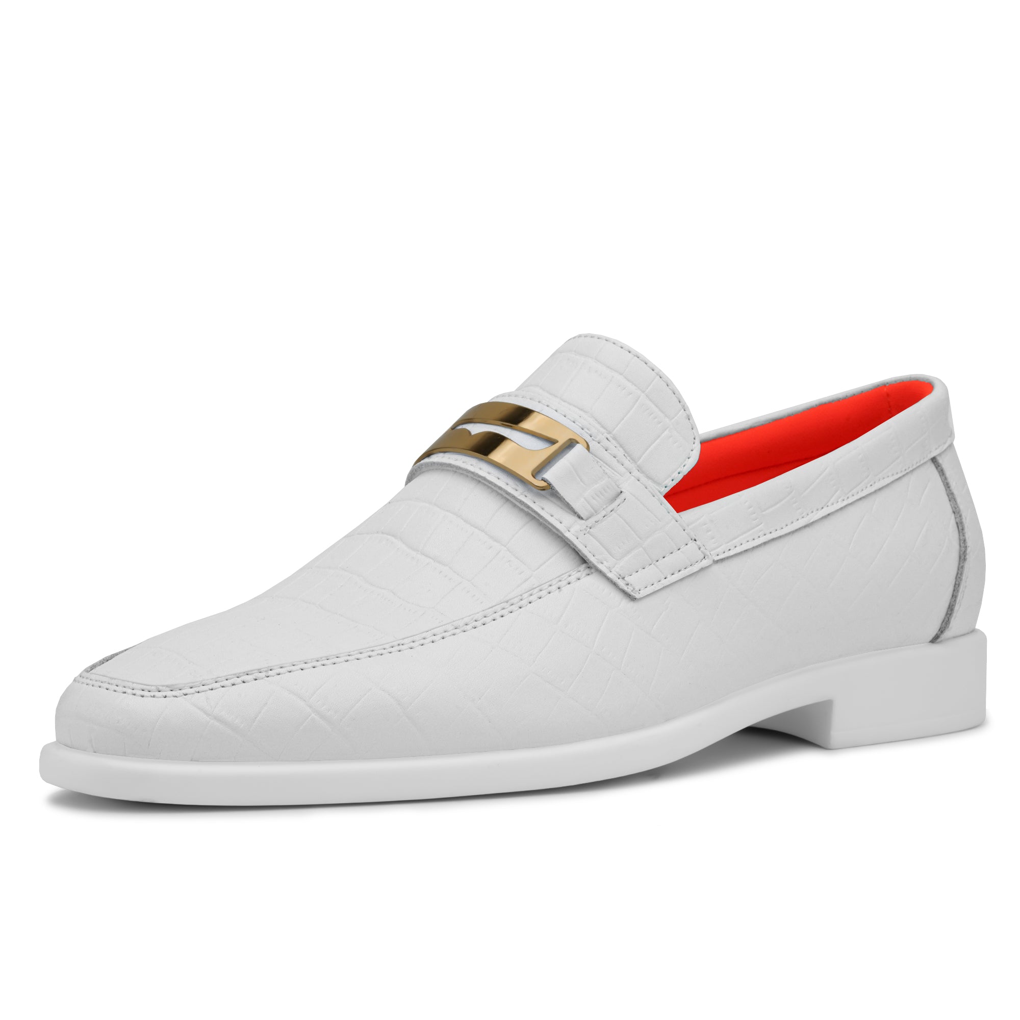 Tayno The Caprio Croc Leather Loafer White With Gold Buckle