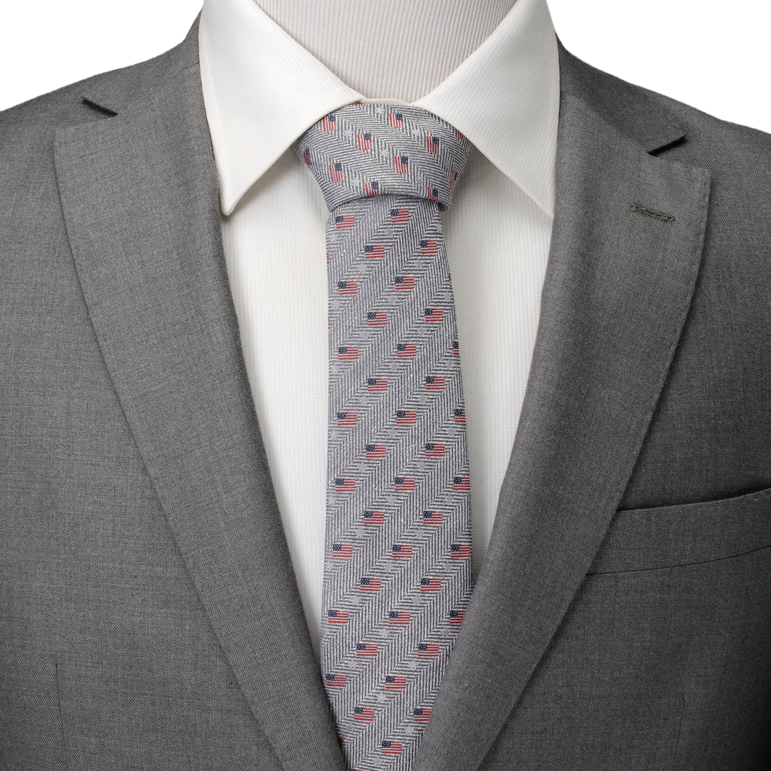 Light Gray Herringbone American Flag Men's Tie