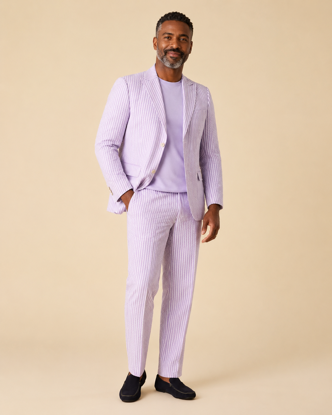 Inserch Men’s Premium Cotton Seersucker Stripe Suit Lavender