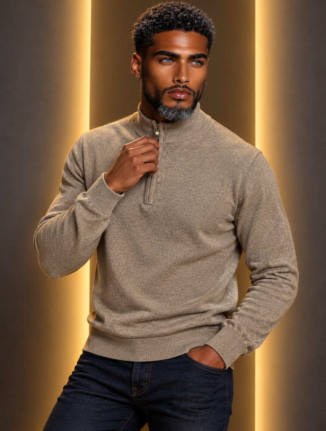 Lavane' 501-Z 1/4 Zip Mock Neck Sweater H Tan