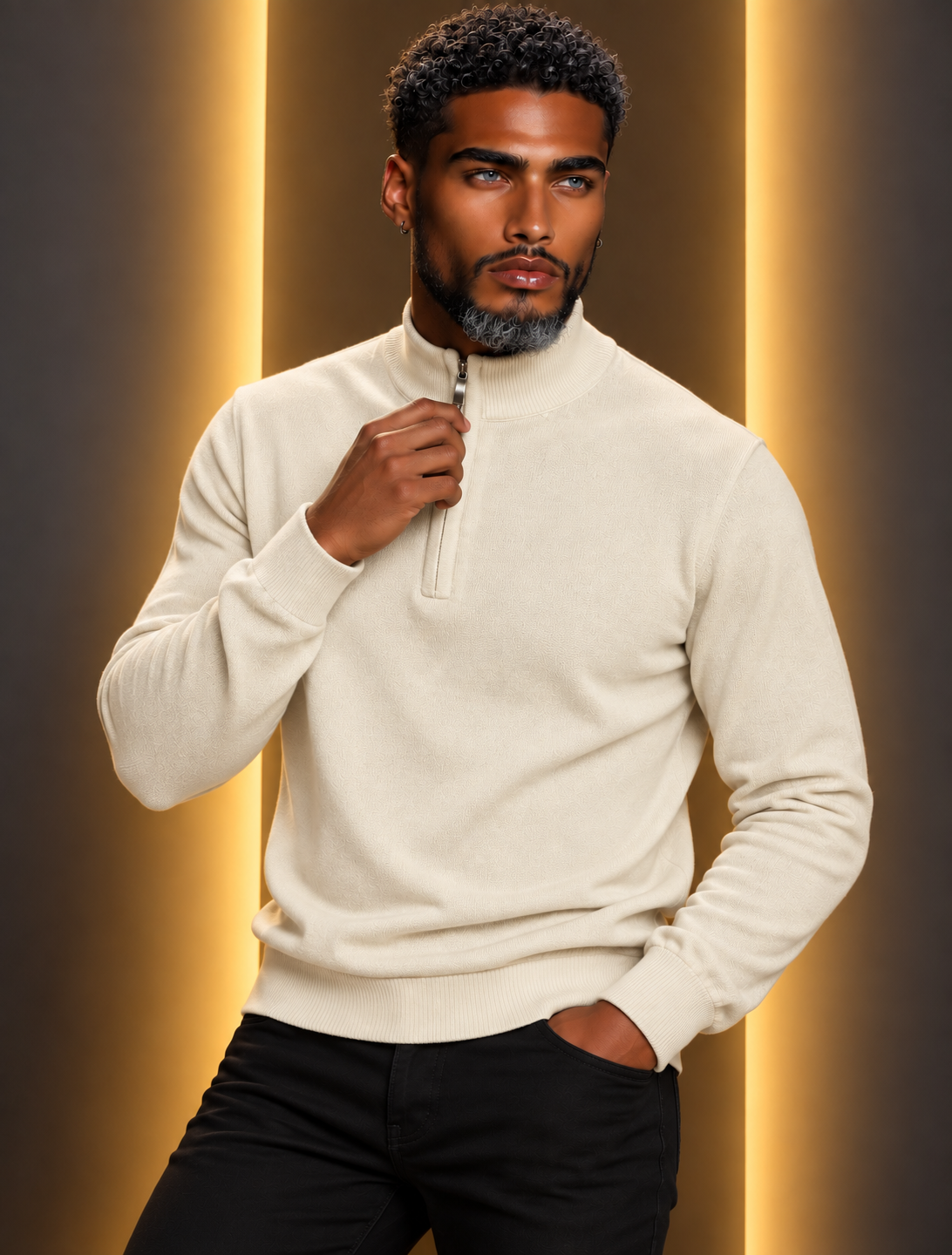 Lavane' 501-Z 1/4 Zip Mock Neck Sweater Cream