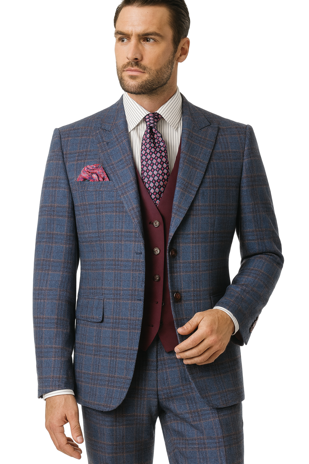 Steve Harvey 225807SHS 3pcs Suit Blue/Burgundy/Tan