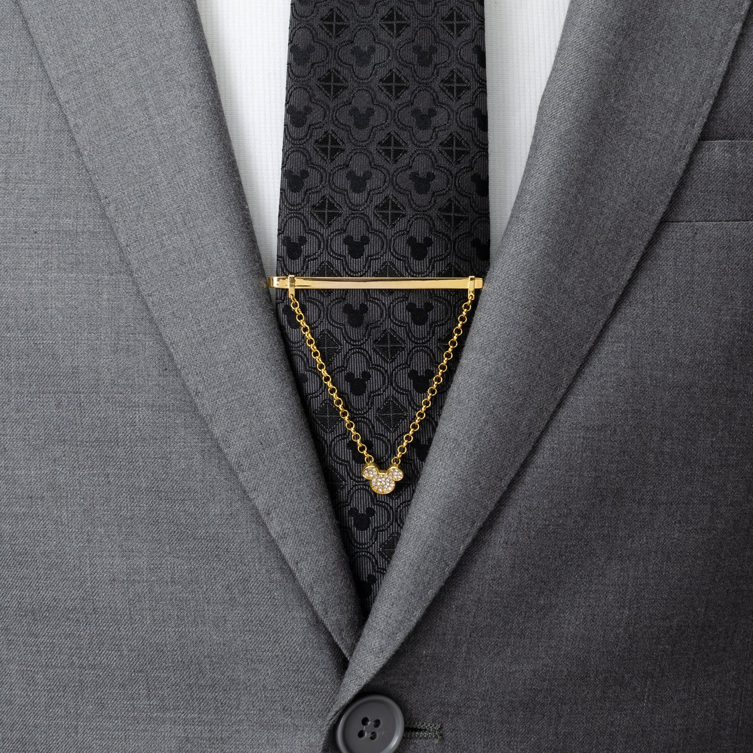 Disney Mickey Mouse Gold Crystal Chain Tie Bar