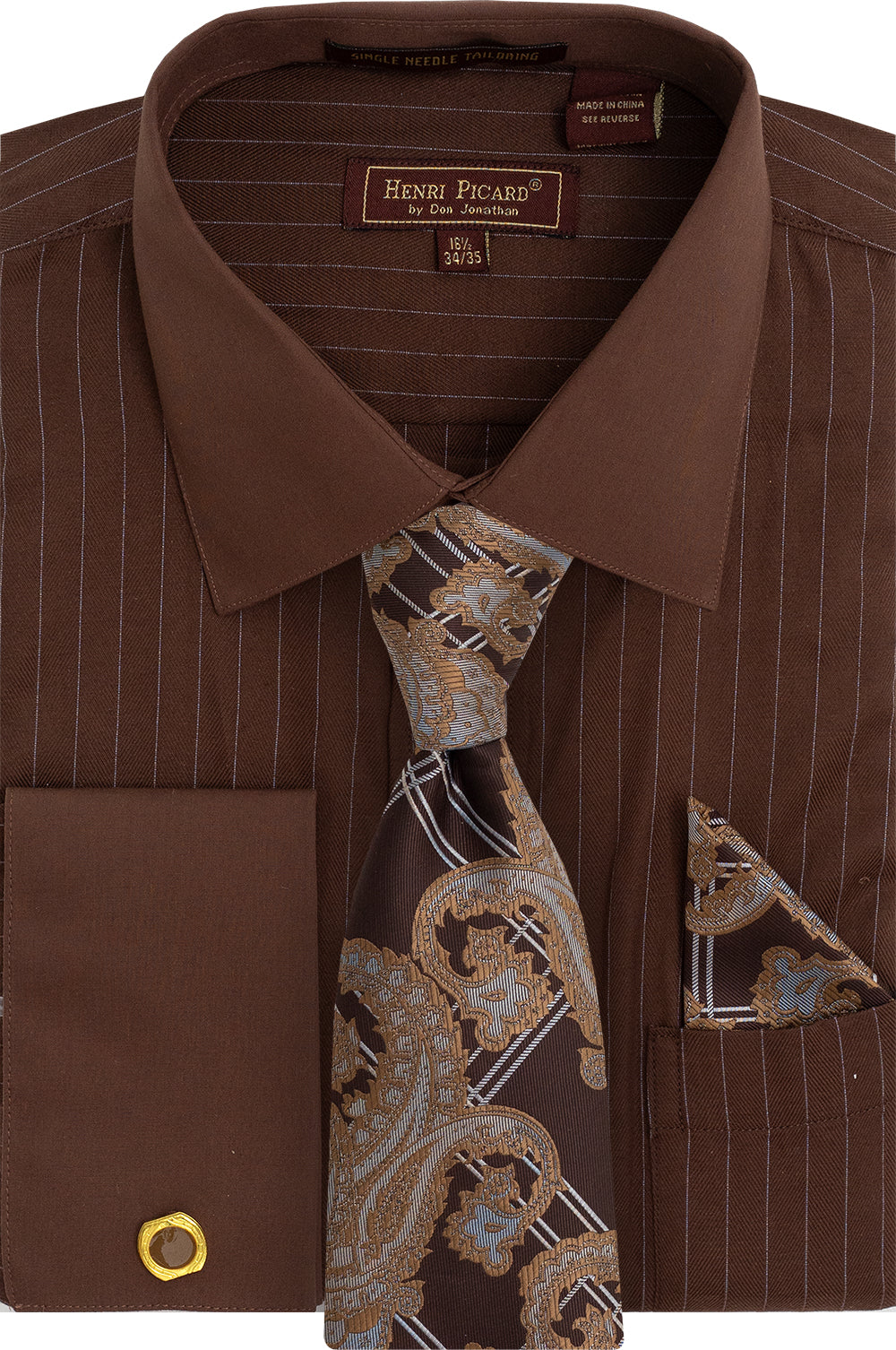 Henri Picard Mens Brown Pinstripe Dress Shirt Tie Pocket Square Hanky Cufflinks Collar Bar Set 16.5 34/35 Polyester Cotton Henri Picard Mens Brown Pinstripe Dress Shirt Tie Pocket Square Hanky Cufflinks Collar Bar Set 16.5 34/35 Polyester Cotton