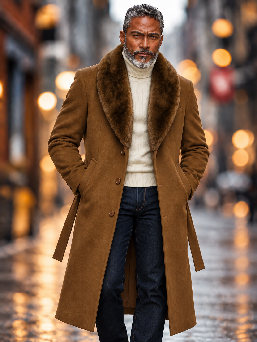 Mazari 9001 Top Coat With Fur Collar Cognac