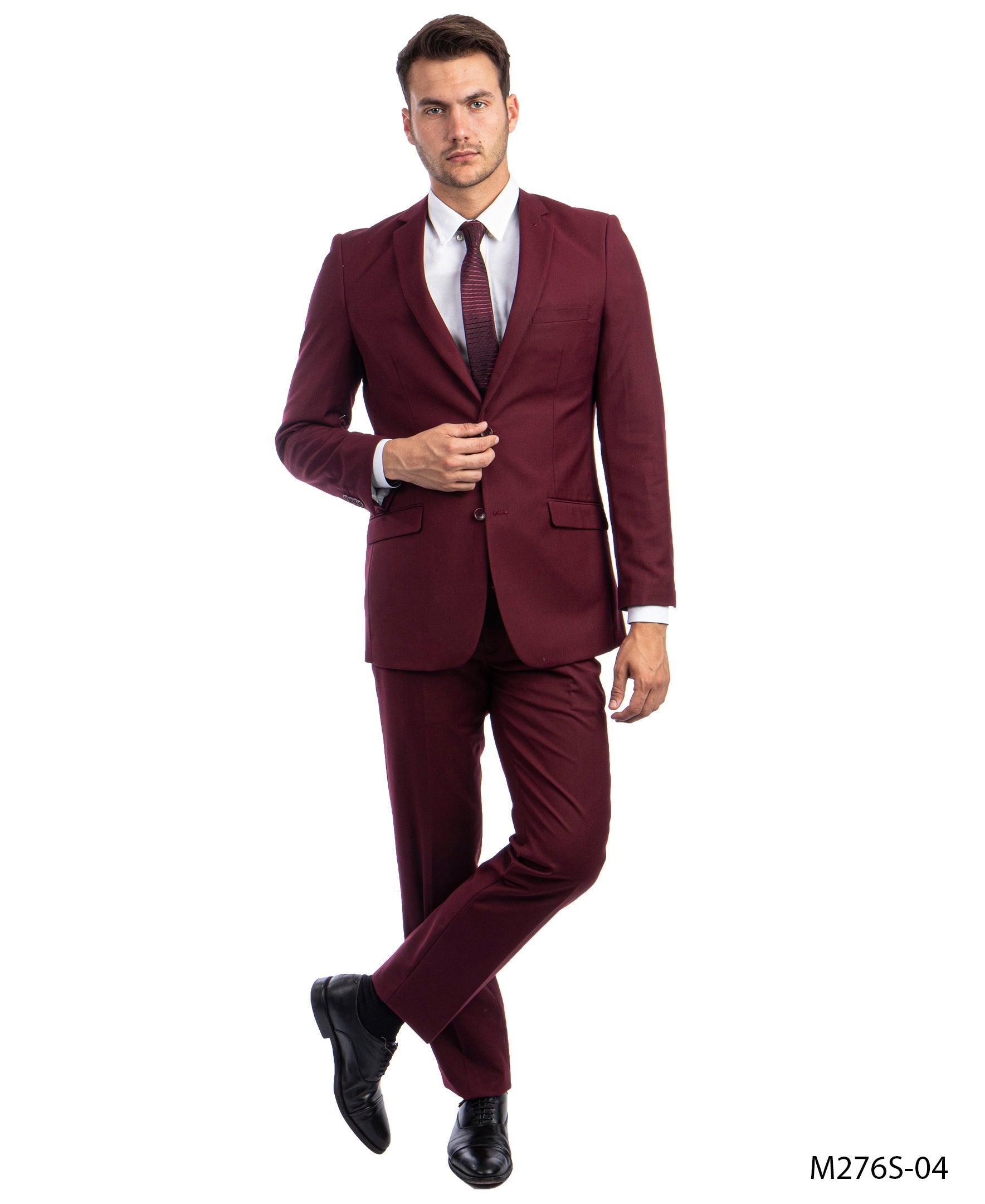 Azzuro Men's 2 Piece Slim Fit Suit - Classic Solid Colors - Burgundy - 44R