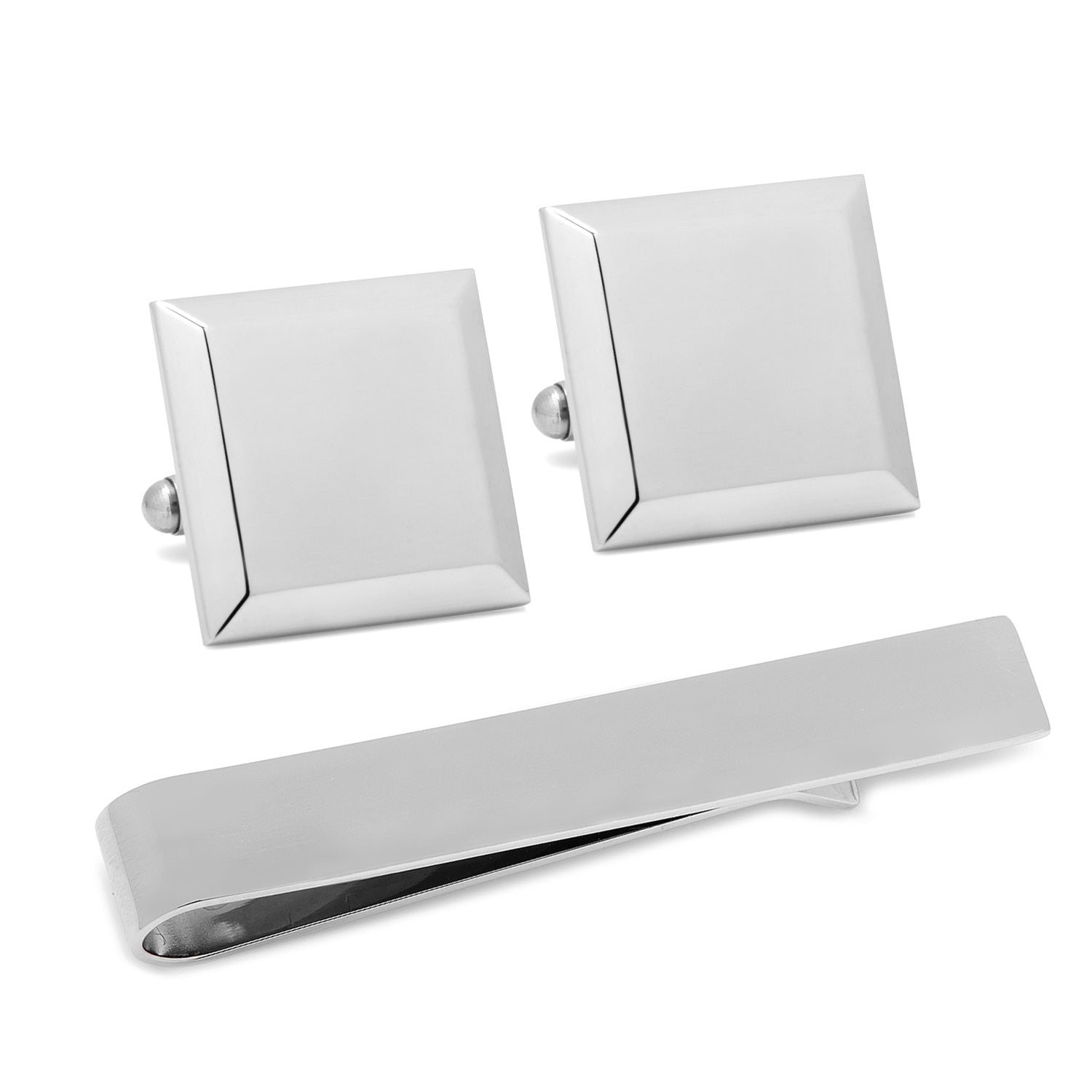 Stainless Steel Beveled Square Engravable Cufflinks and Tie Bar Gift Set