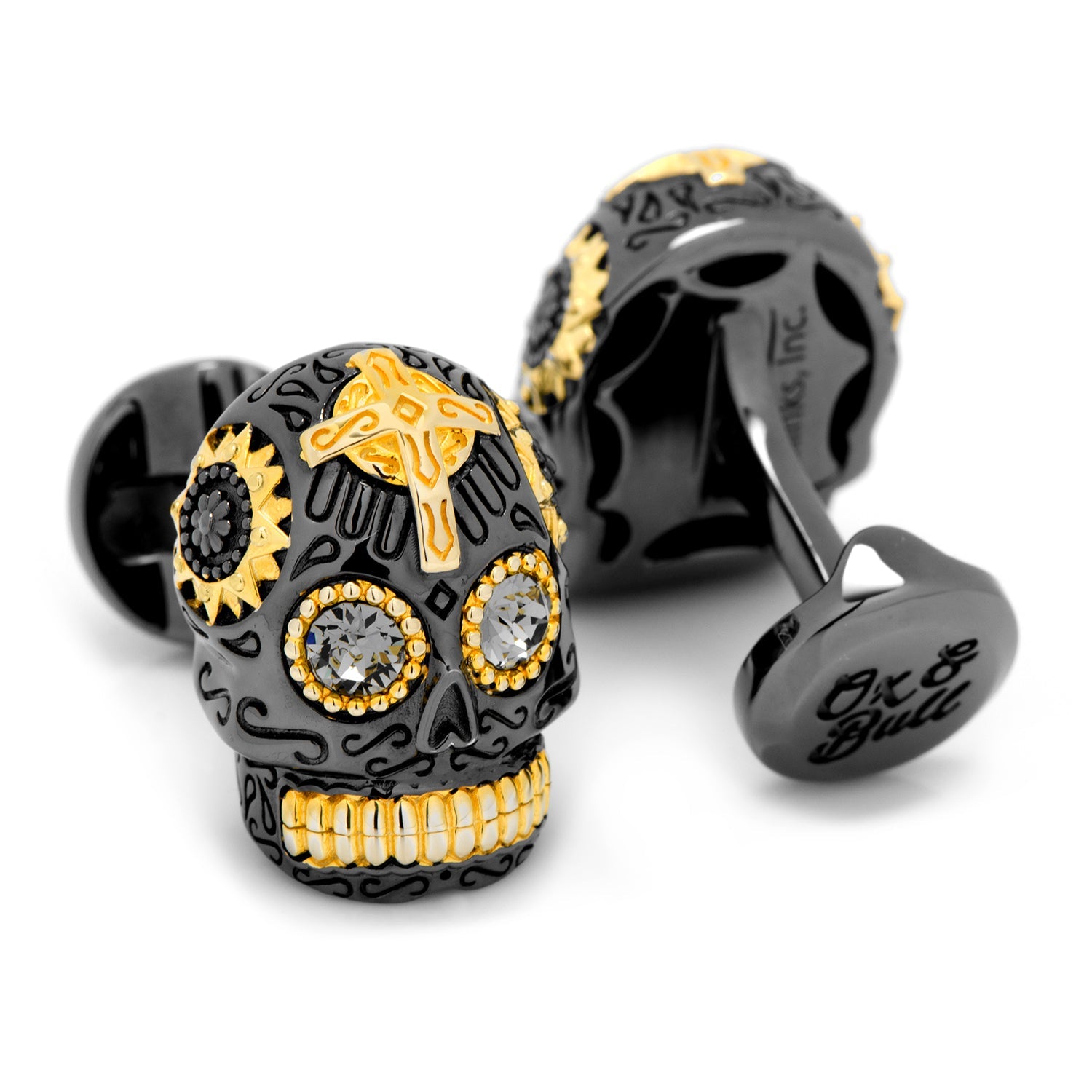 Sterling Silver Black and 18K Gold Vermeil Day of the Dead Skull Cufflinks