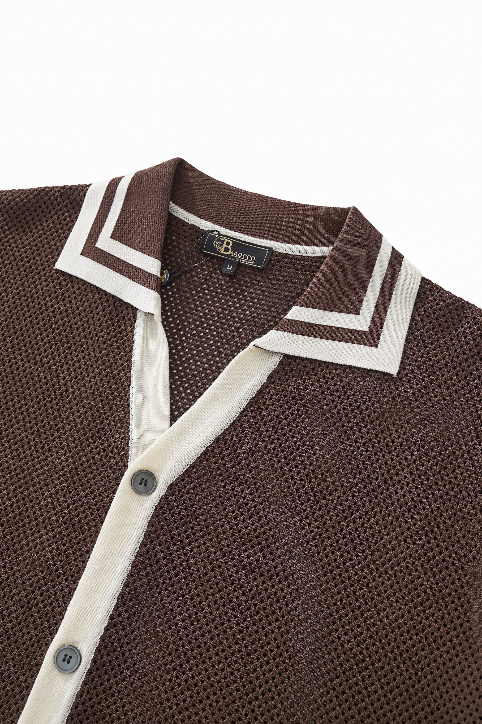 Contrast Trim Mesh Button-Up COFFEE