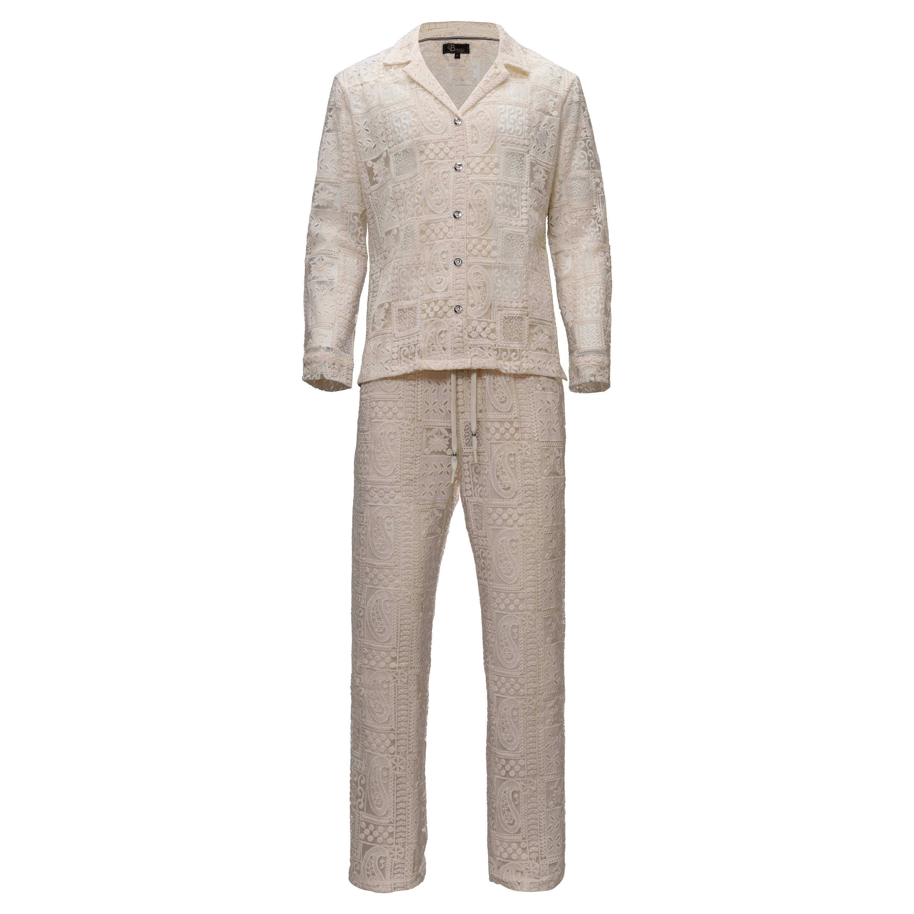 Men’s Textured Embroidered Two-Piece Set BEIGE