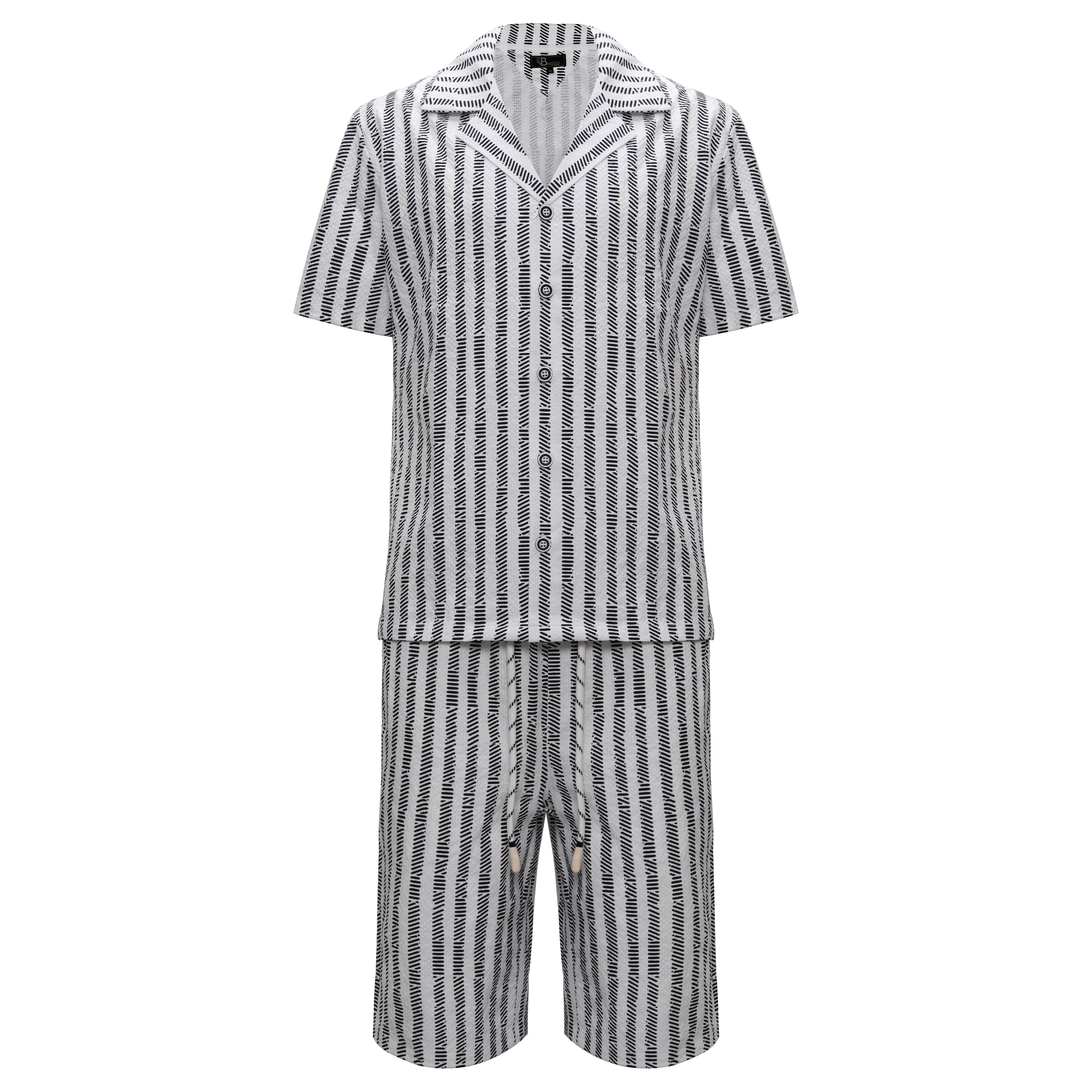 Men’s Striped Button-Up Shirt & Shorts Set WHITE/BLACK