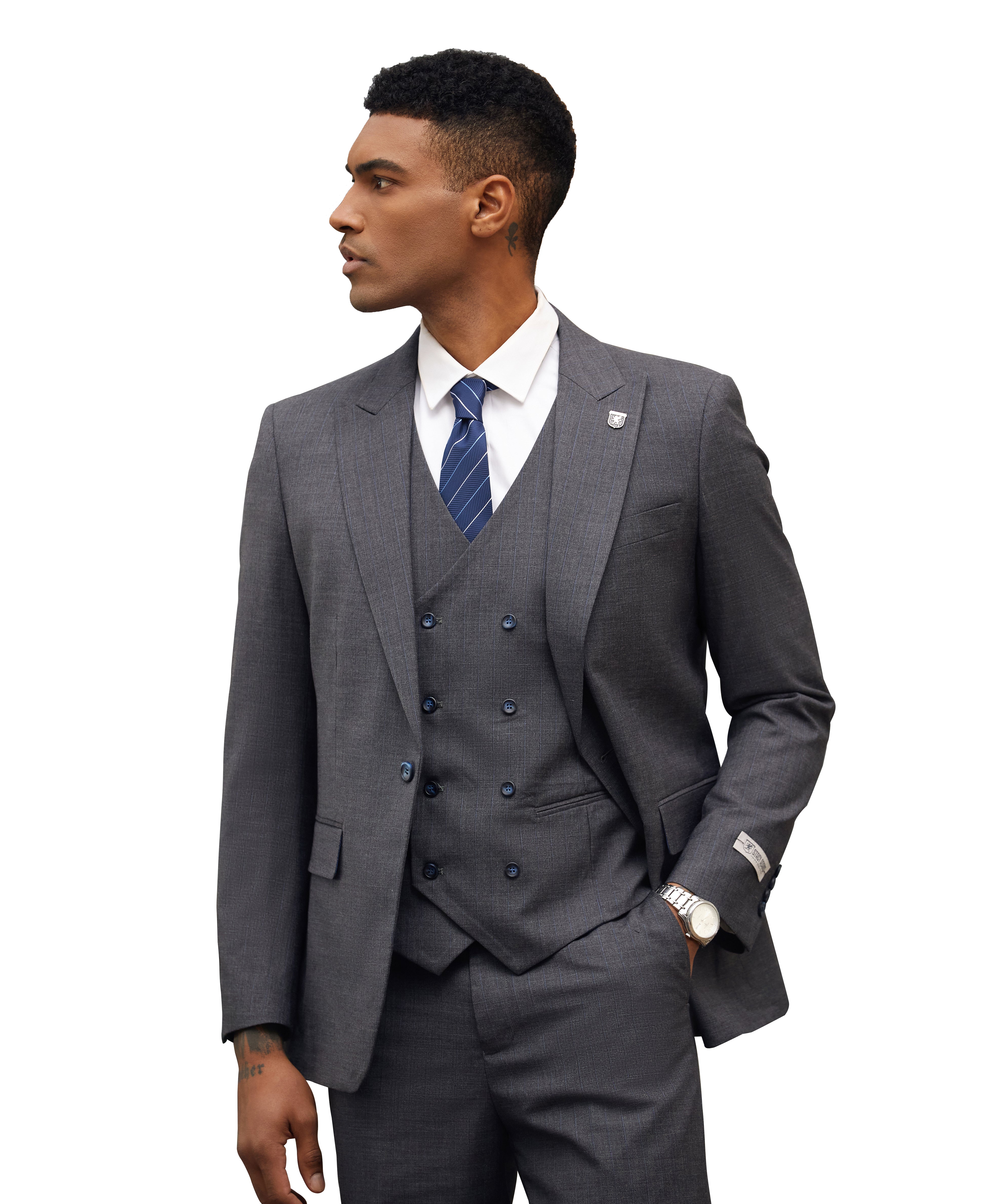 Stacy Adams Hybrid-Fit Vested Suit, Charcoal Pinstriped
