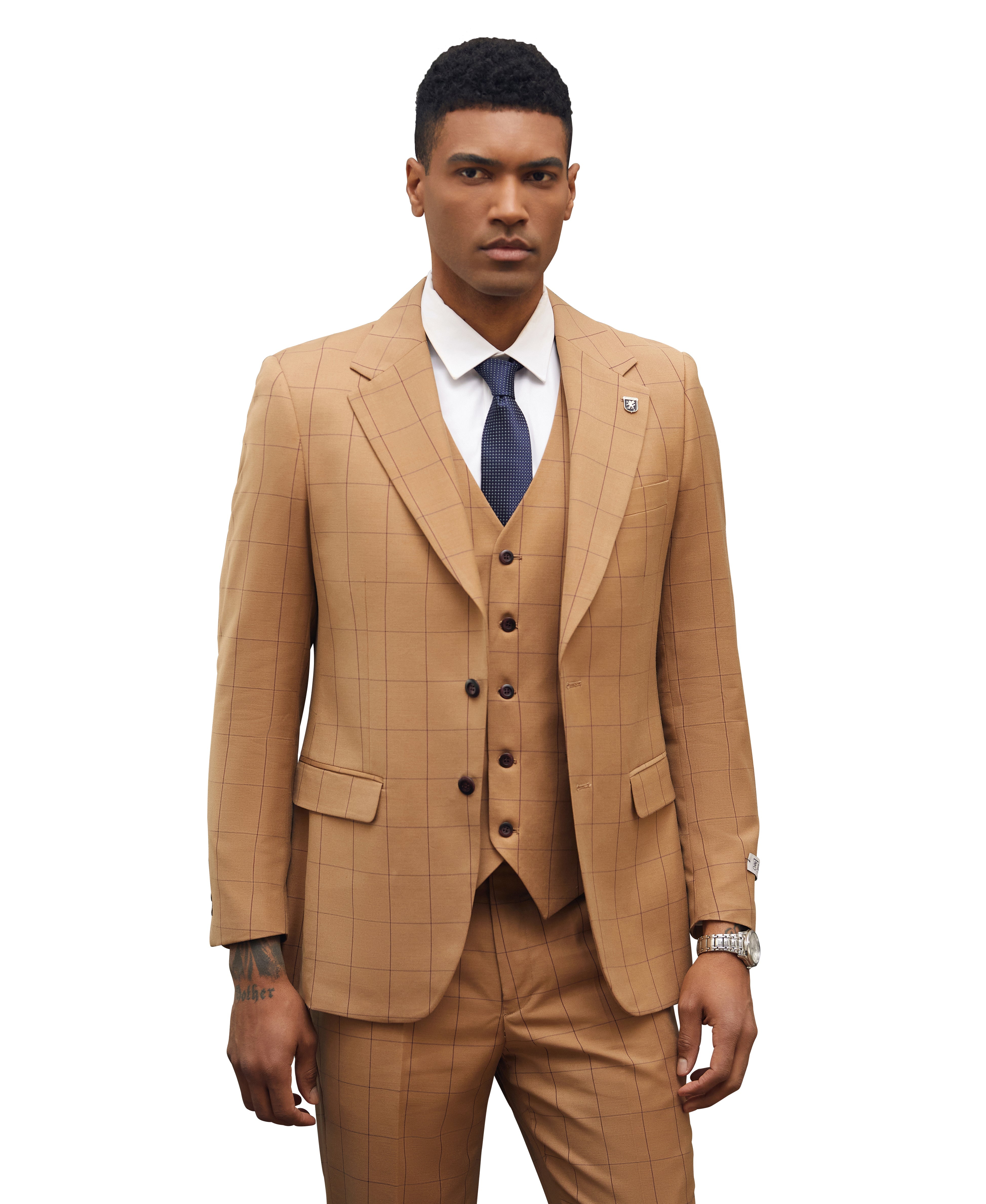 Stacy Adams Hybrid-Fit Vested Suit, Rust Windowpane
