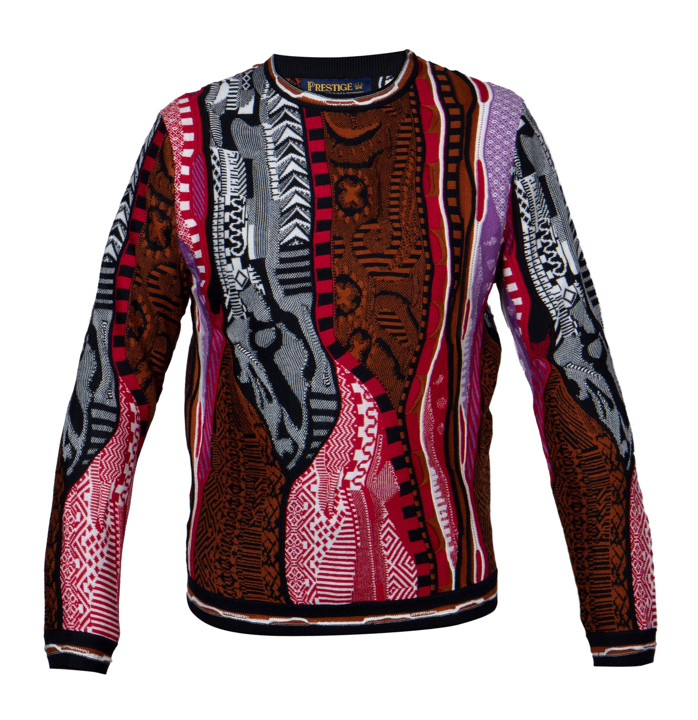 Colorful patterned long-sleeve shirt with 'Prestige' branding on a white background