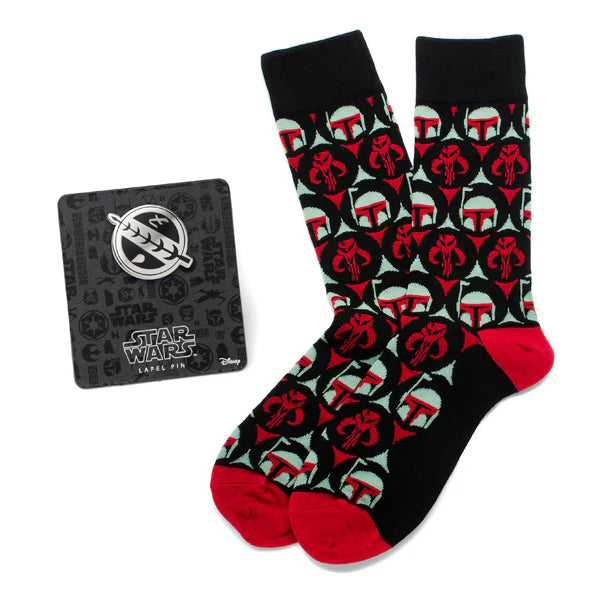 Star Wars Boba Fett and Mythosaur Black and Red Dress Socks and Crest Lapel Pin Gift Set