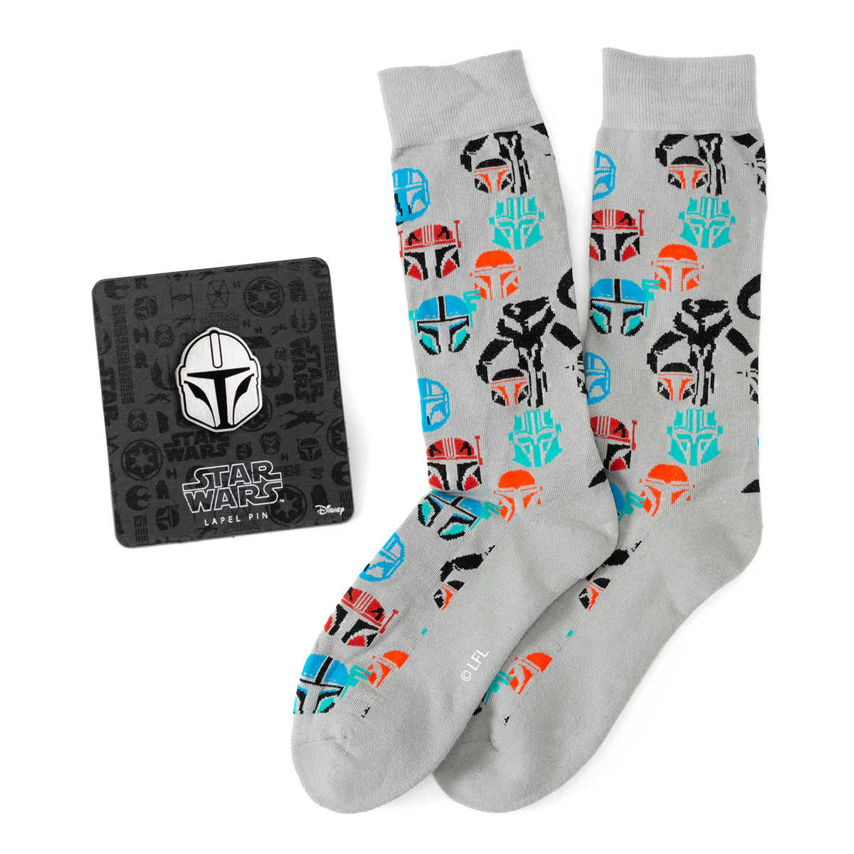 Star Wars Mandalorian and Mythosaur Multicolored Gray Dress Socks and Lapel Pin Gift Set