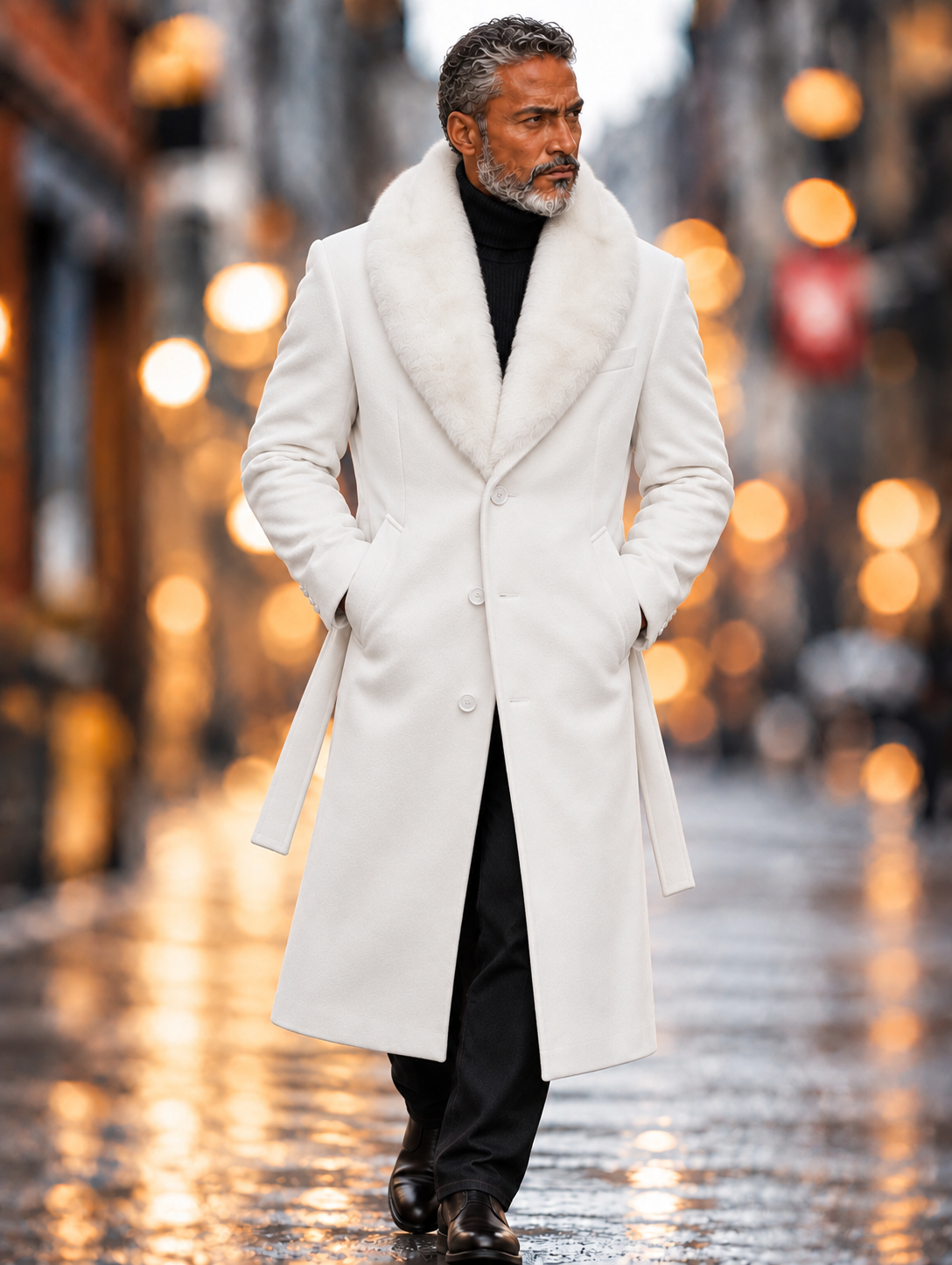 Mazari 9001 Top Coat With Fur Collar White