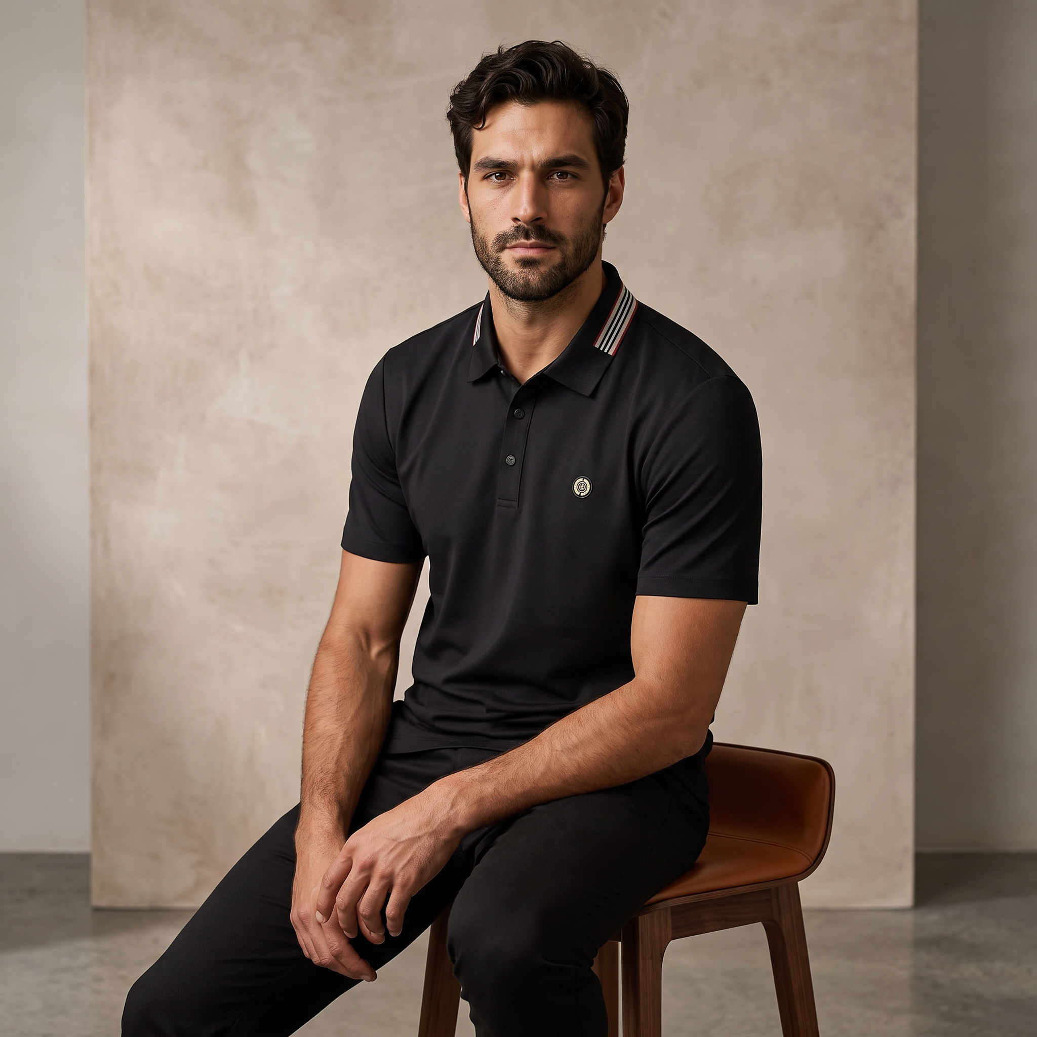Stripe Collar Performance Polo – El Baron BLACK