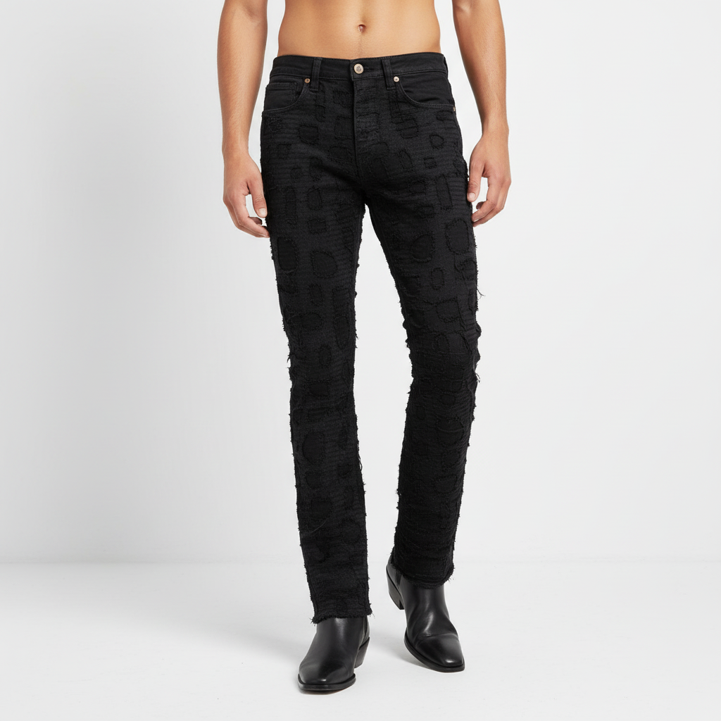 Patchwork Distressed Heritage Fit Denim Jeans -Century Penthouse BLACK