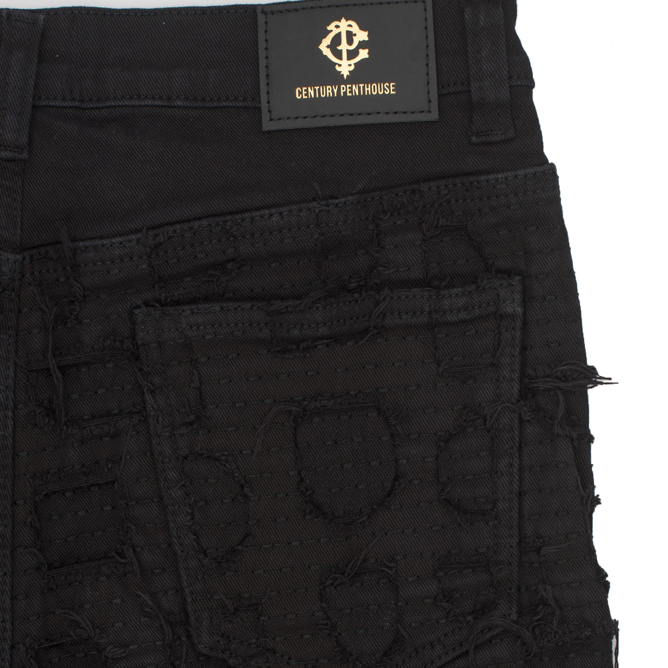 Patchwork Distressed Heritage Fit Denim Jeans -Century Penthouse BLACK