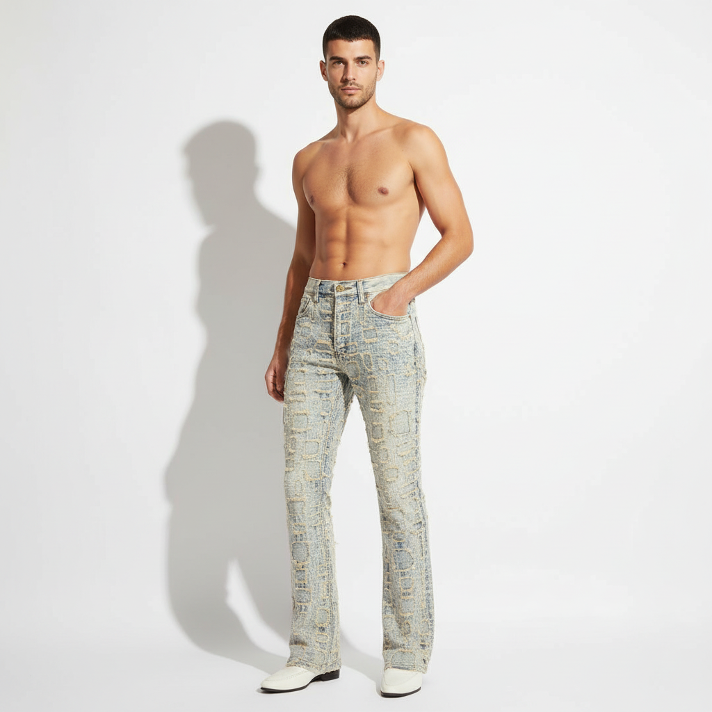 Patchwork Distressed Denim Jeans - Century Penthouse TAN