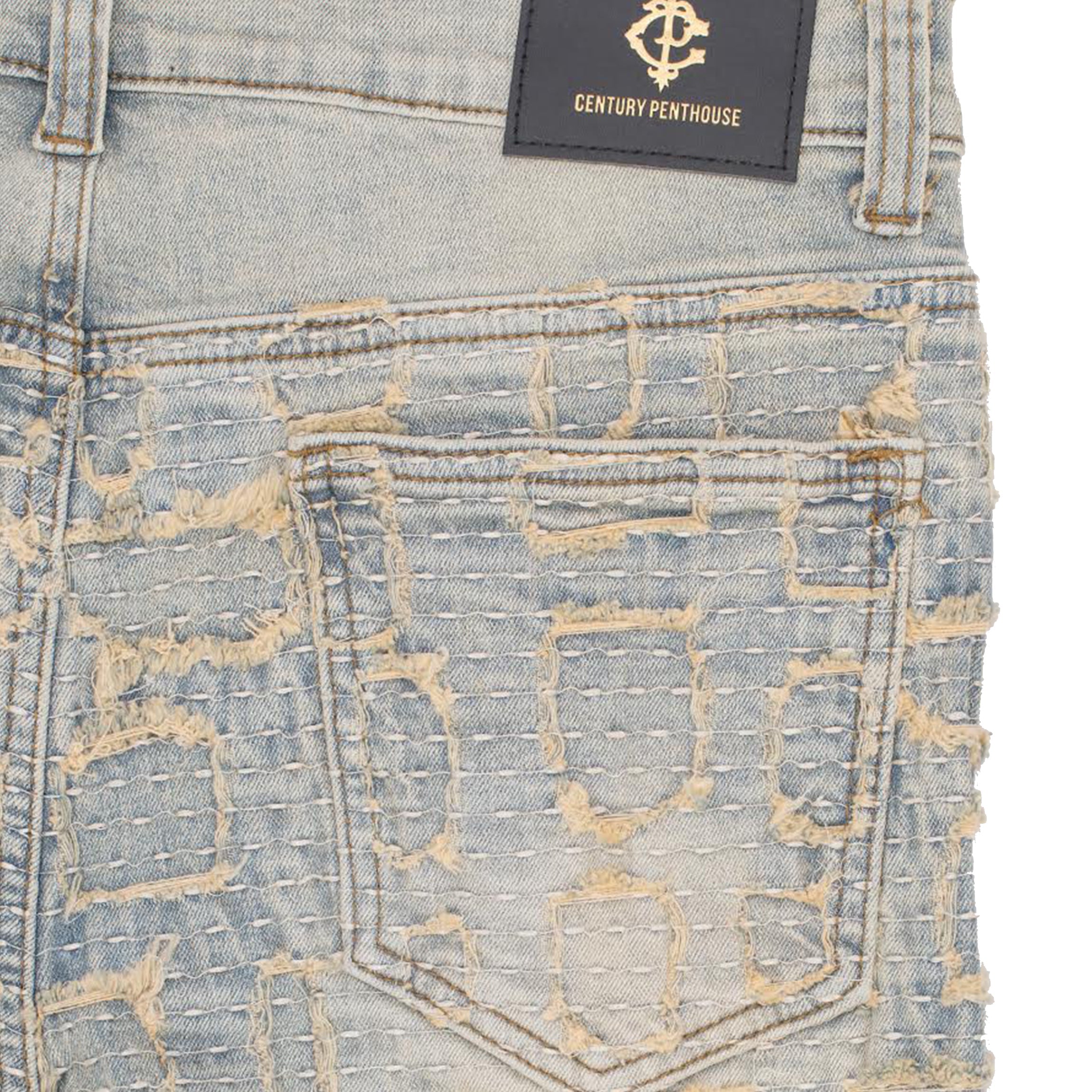 Patchwork Distressed Denim Jeans - Century Penthouse TAN