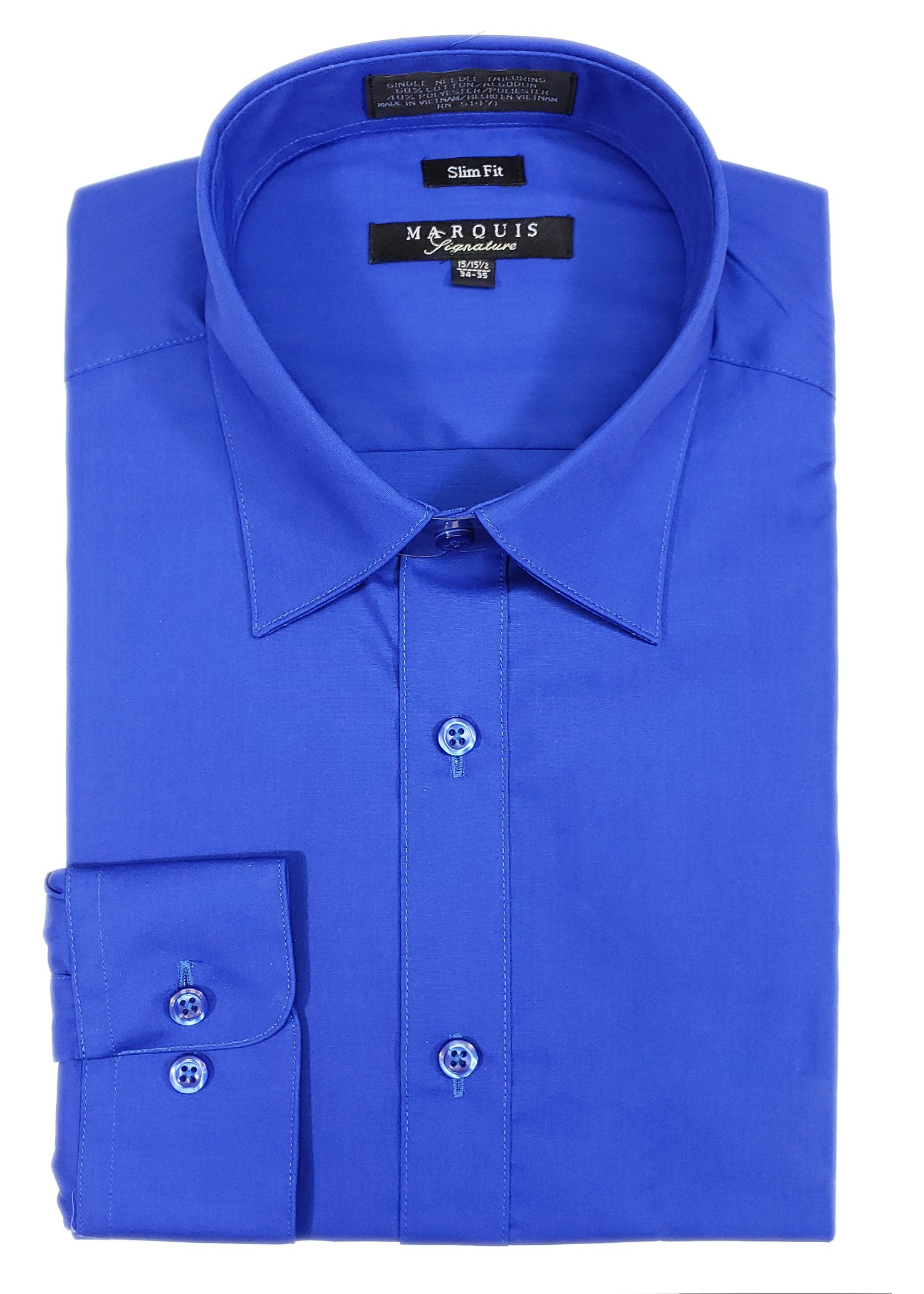 marquis dress shirts Mens Slim Fit Shirt Sapphire Blue Cotton Polyester Blend 15-15.5 Neck 34-35 Sleeve Easy Care Wrinkle Resistant Formal Work Wear Color_Blue/Green Some of my favourite Color:Barley Gingham