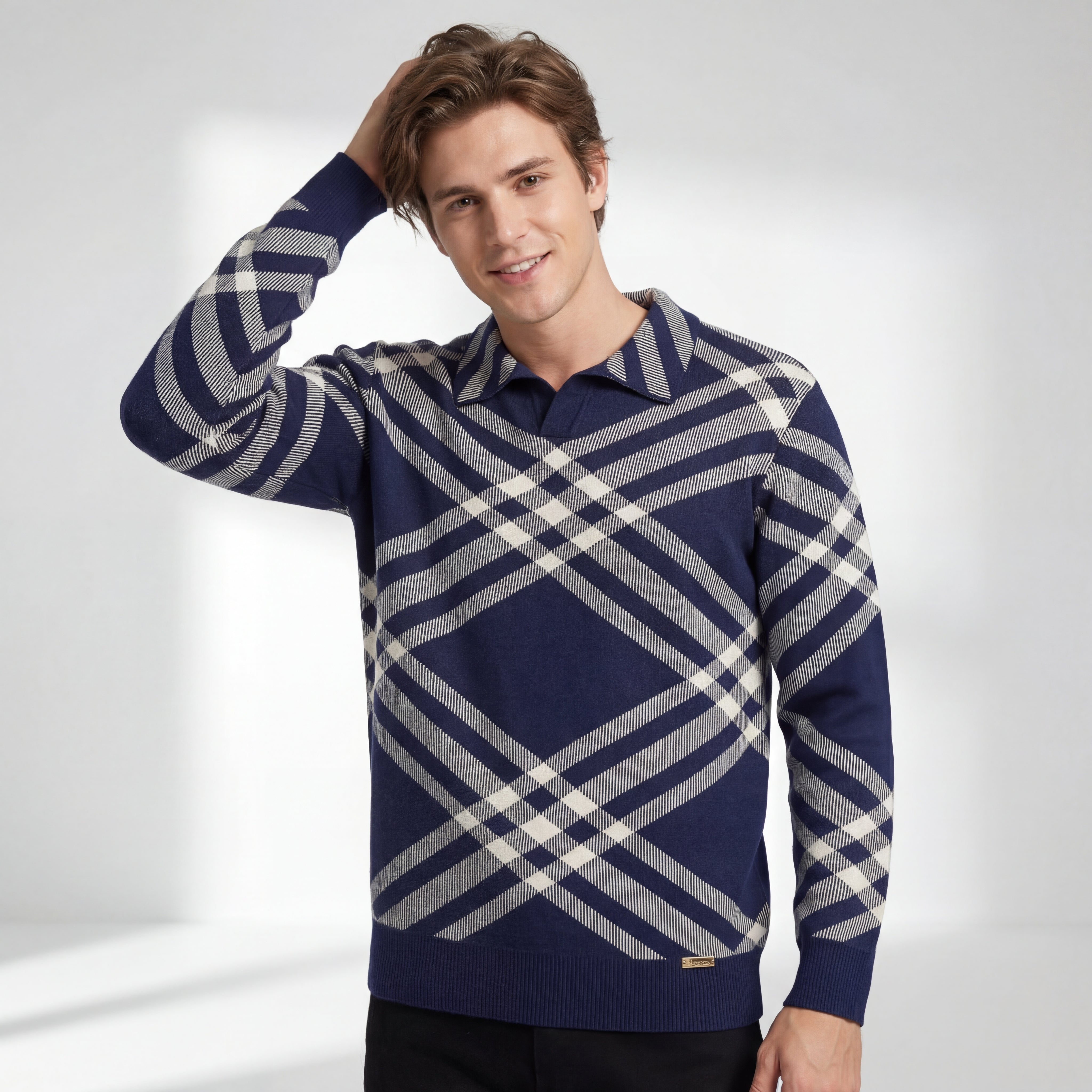 Paramount Lattice Knit Polo LS NAVY