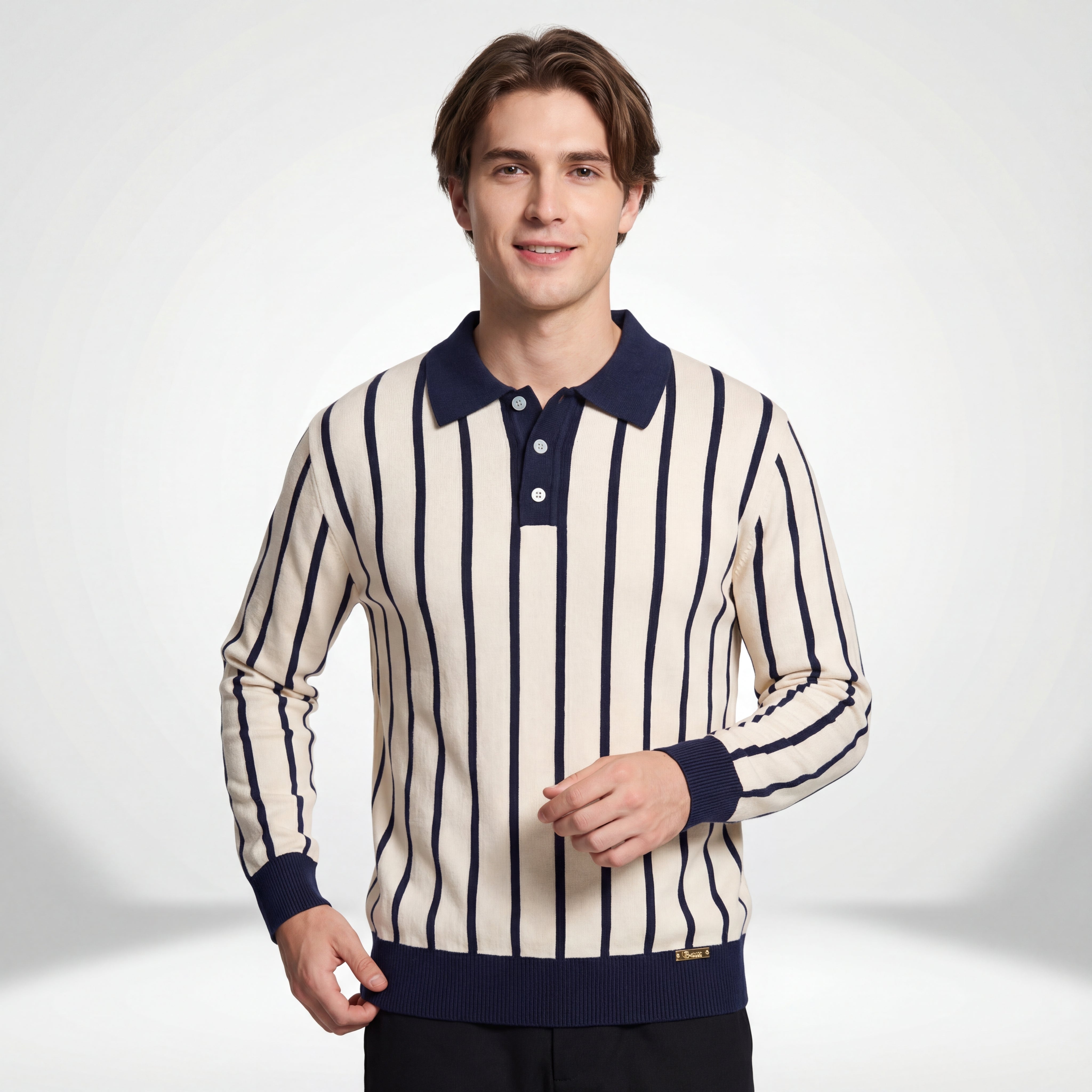 Imperial Stripe Knit Polo LS IVORY