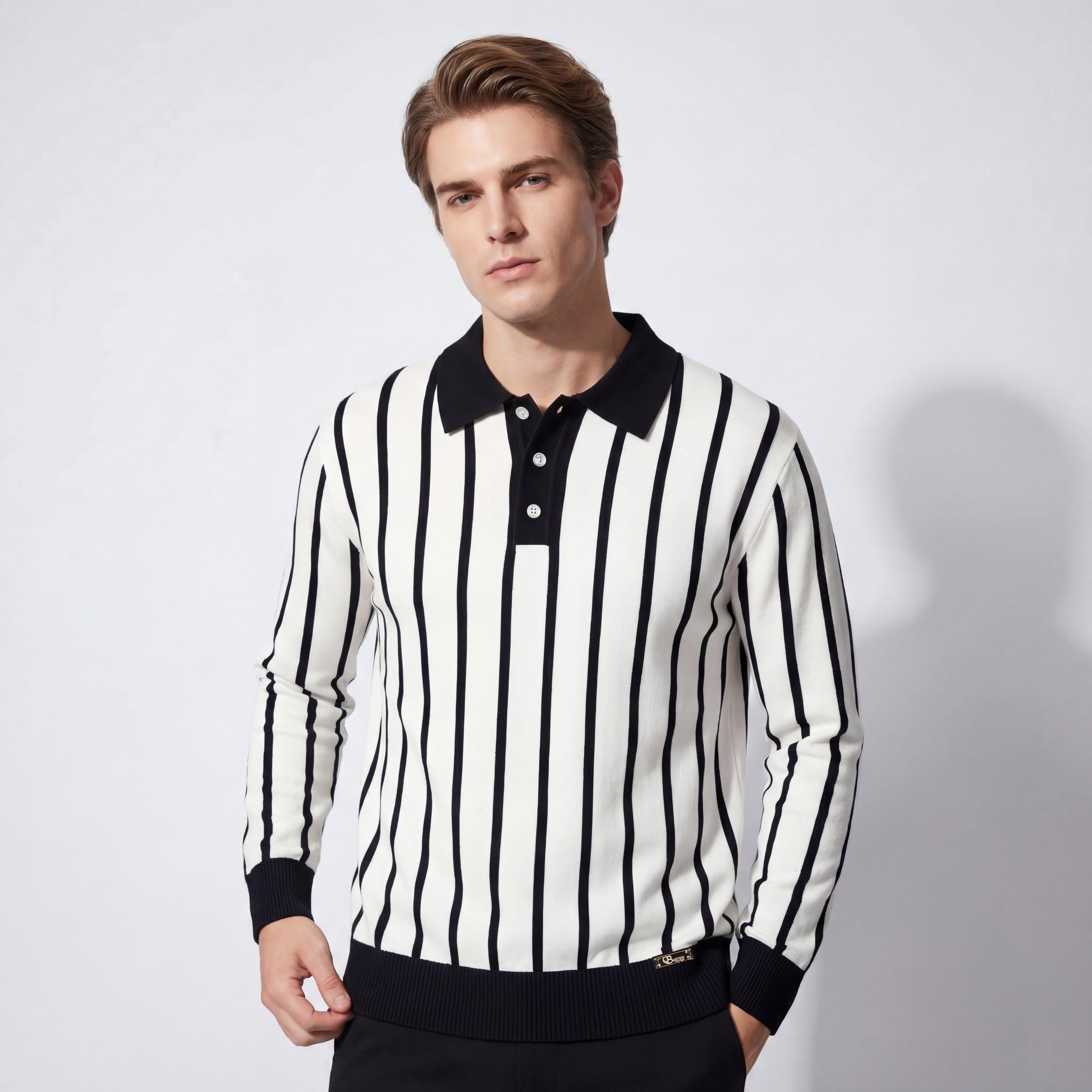 Imperial Stripe Knit Polo LS WHITE