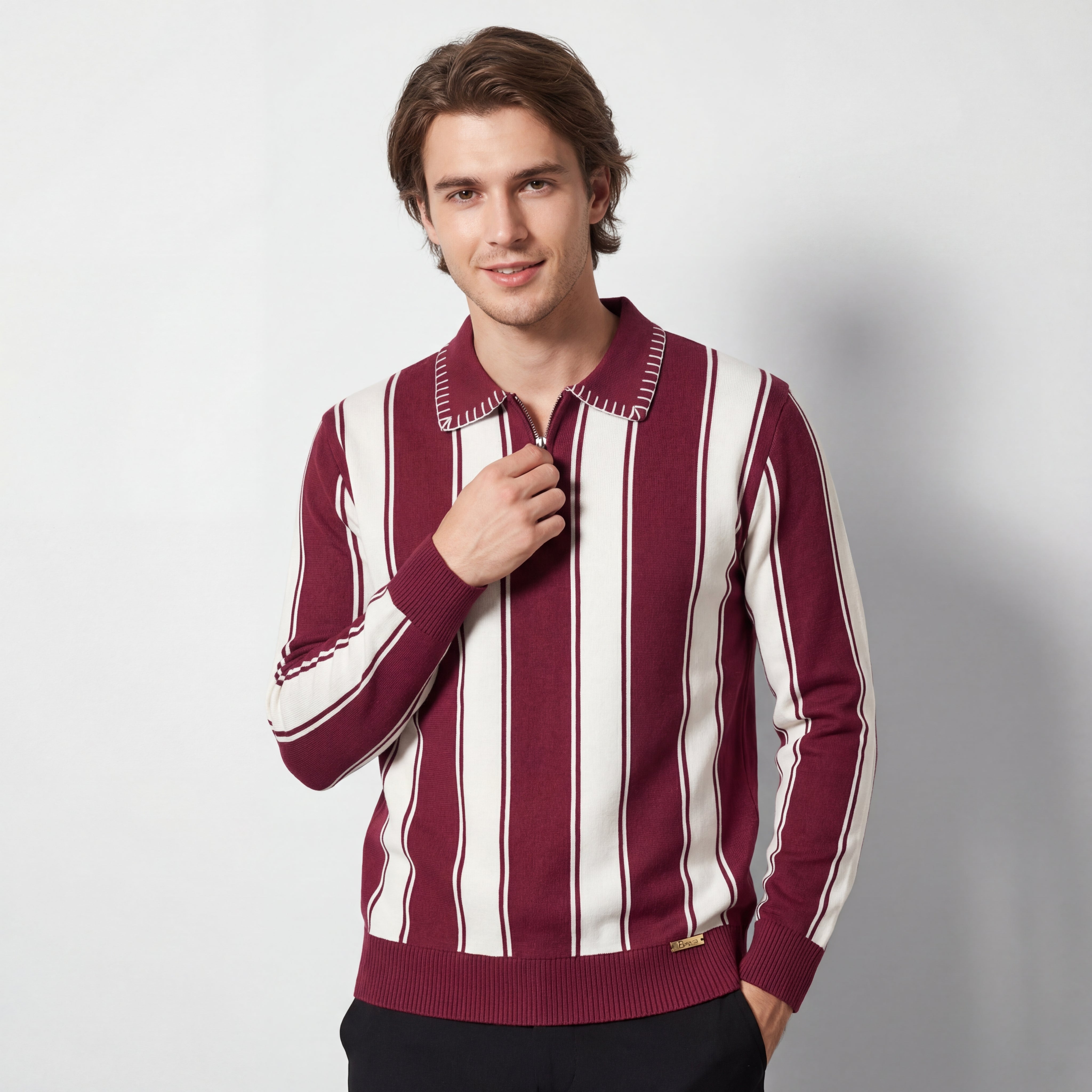 Vanguard Stripe Knit Polo LS WINE