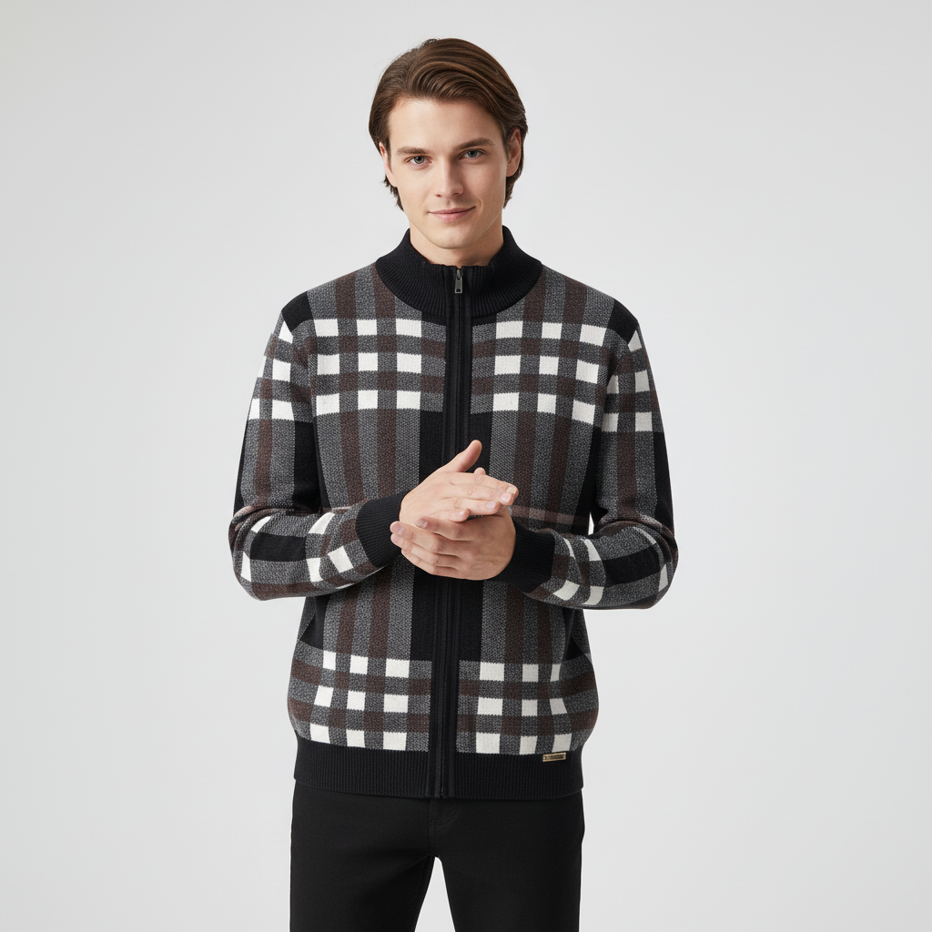 Paramount Plaid Knit Zip LS BLACK
