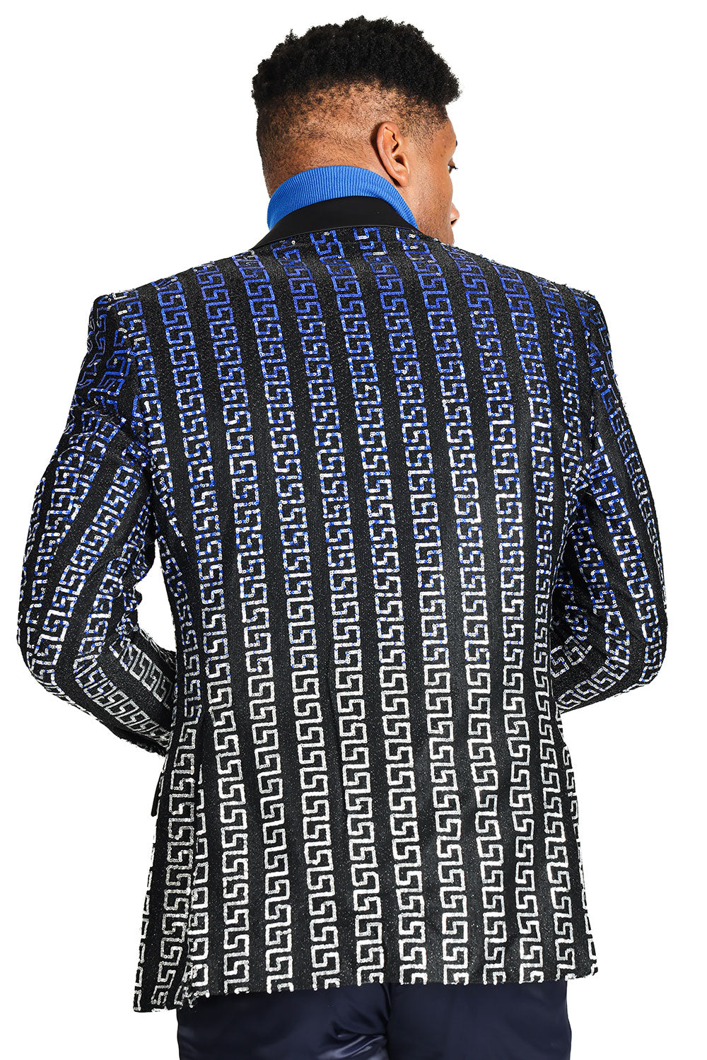 Barabas Greek Motif Sequin Blazer Royal/Silveri