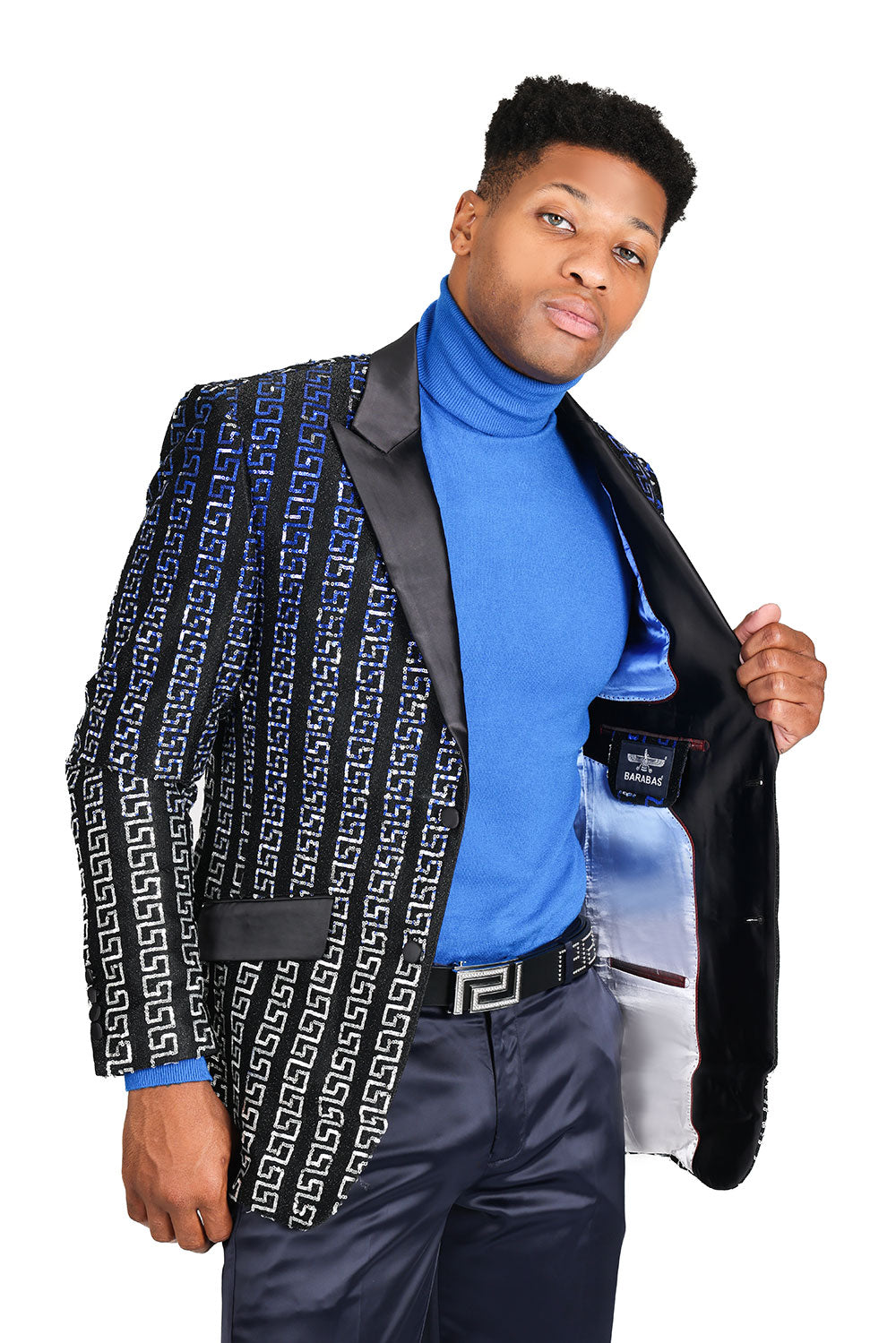 Barabas Greek Motif Sequin Blazer Royal/Silveri