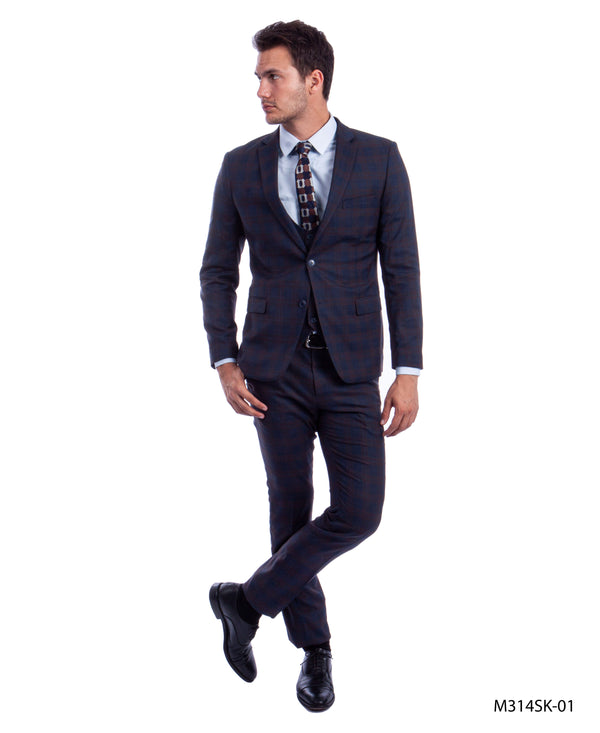 Blue/Brown 3 PC Plaid Suit Skinny Fit Suits