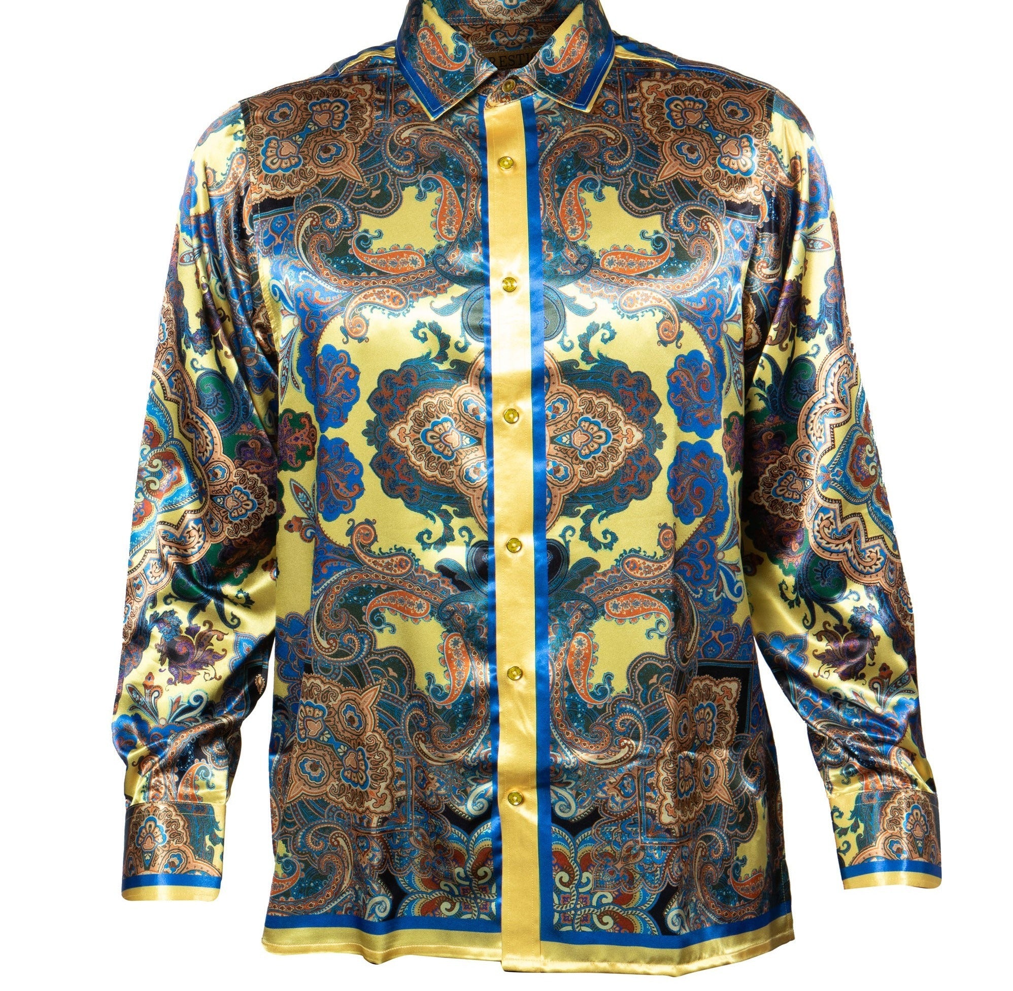 Prestige PR-487 Long Sleeve Paisley Tile Satin Shirt Yellow
