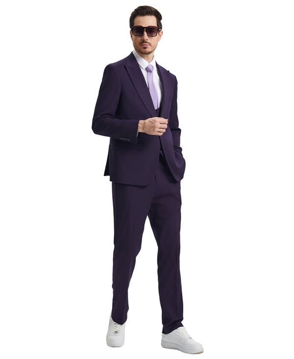 Stacy Adams 3 PC Purple Solid w U-Shape Vest Mens Suit