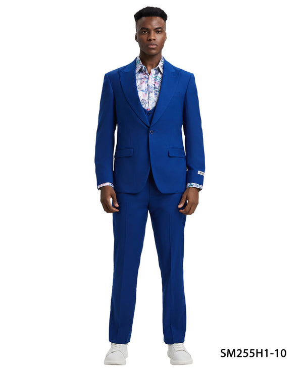 Stacy Adams 3 PC Royal Blue Solid w U-Shape Vest Mens Suit
