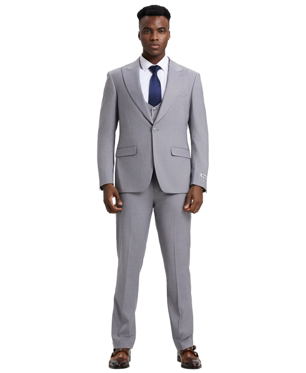 Stacy Adams 3 PC Grey Solid w U-Shape Vest Mens Suit