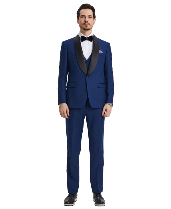 Stacy Adams 3 PC Blue Solid Tuxedo Mens Suit