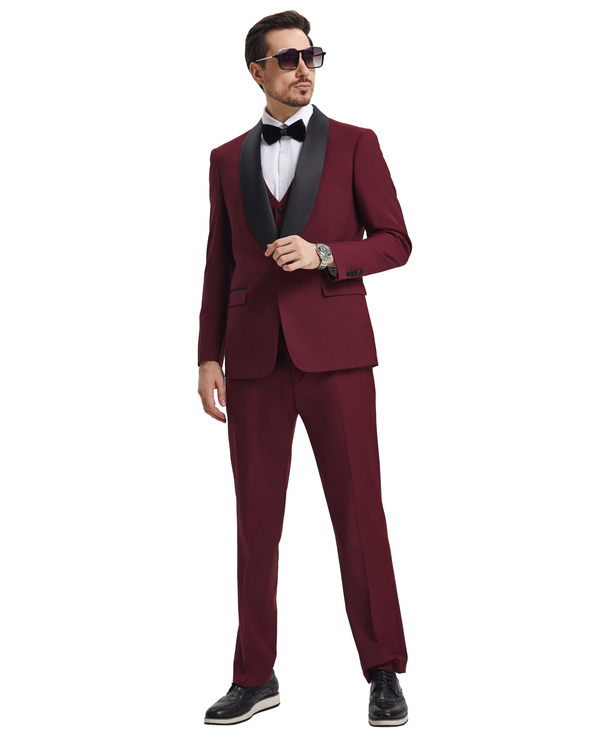 Stacy Adams 3 PC Burgundy Solid Tuxedo Mens Suit