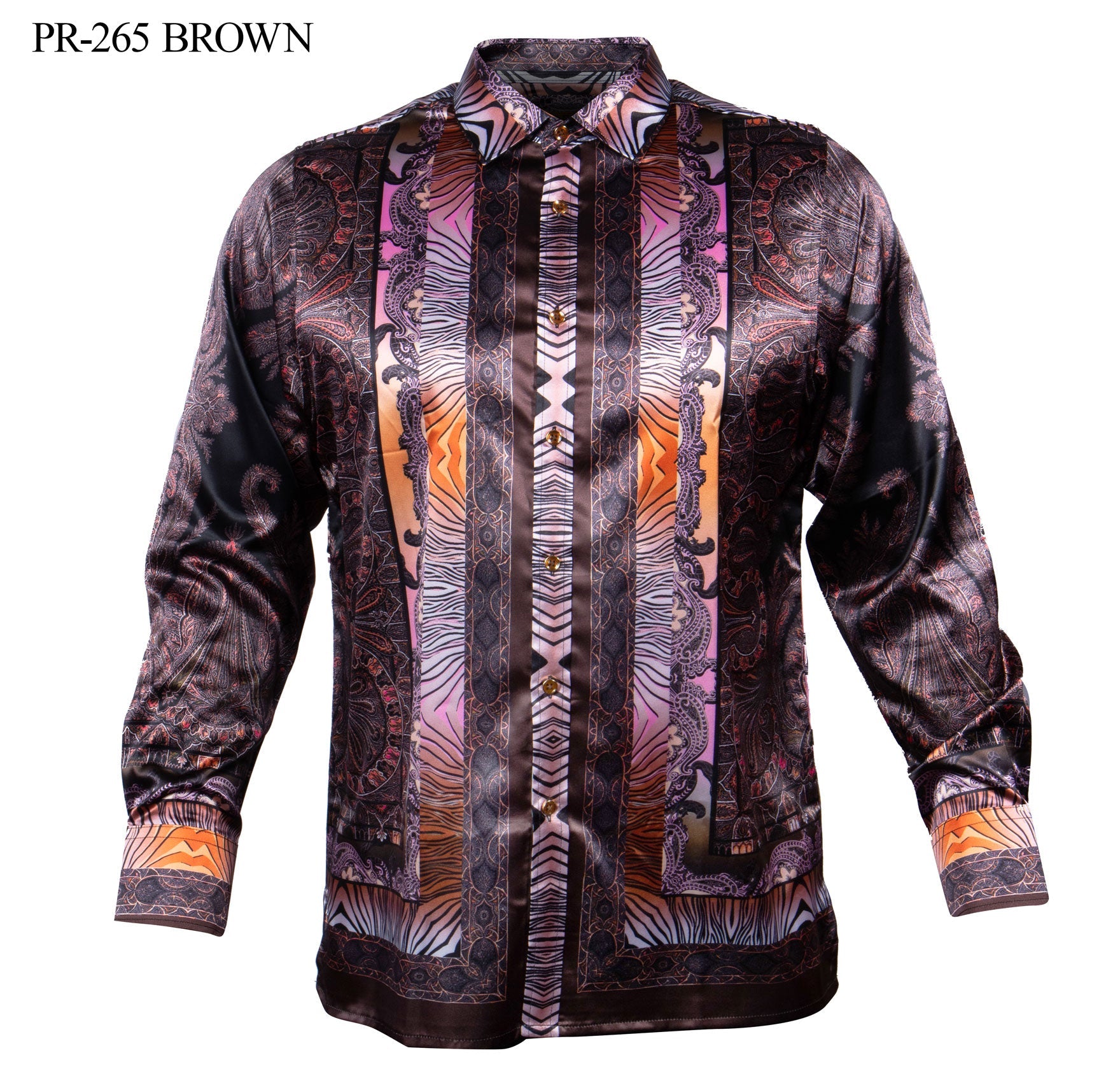 PR-265 I PRESTIGE LONG SLEEVE SATIN PAISLEY SHIRT I BROWN