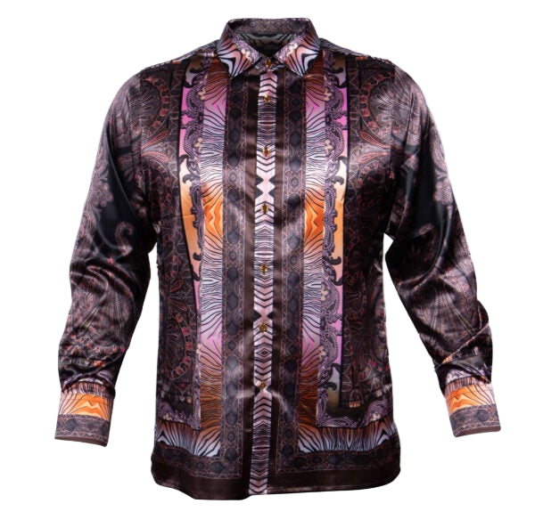 Prestige PR-265 Long Sleeve Satin Paisley Shirt Brown