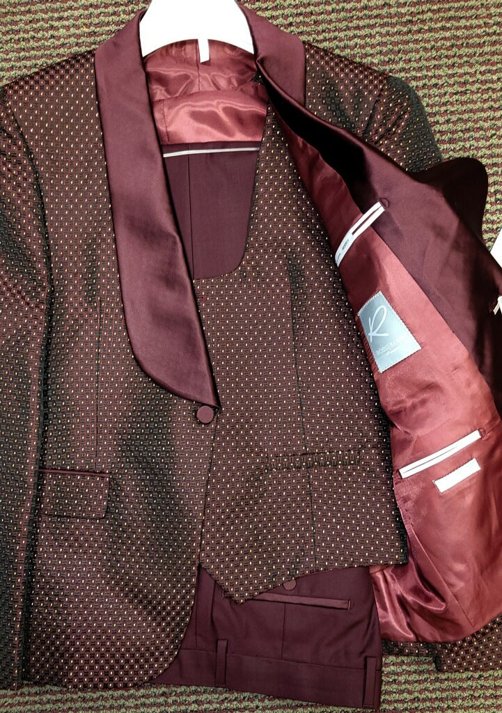 Rossi Man RM1473 Smoking Tux Burgundy/Gold Polka Dot