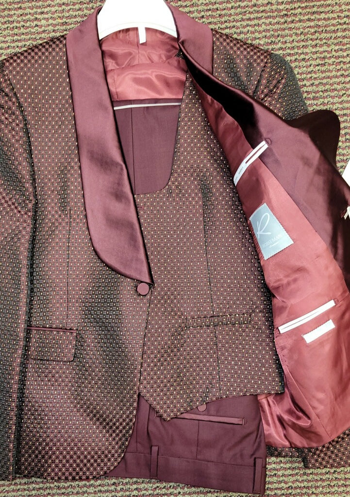 Rossi Man RM1473 Smoking Tux Burgundy/Gold Polka Dot