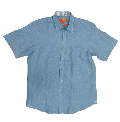 Insearch Mens Short Sleeve Linen Shirt Lake Blue 4XL Modern Fit Elegant Summer Top