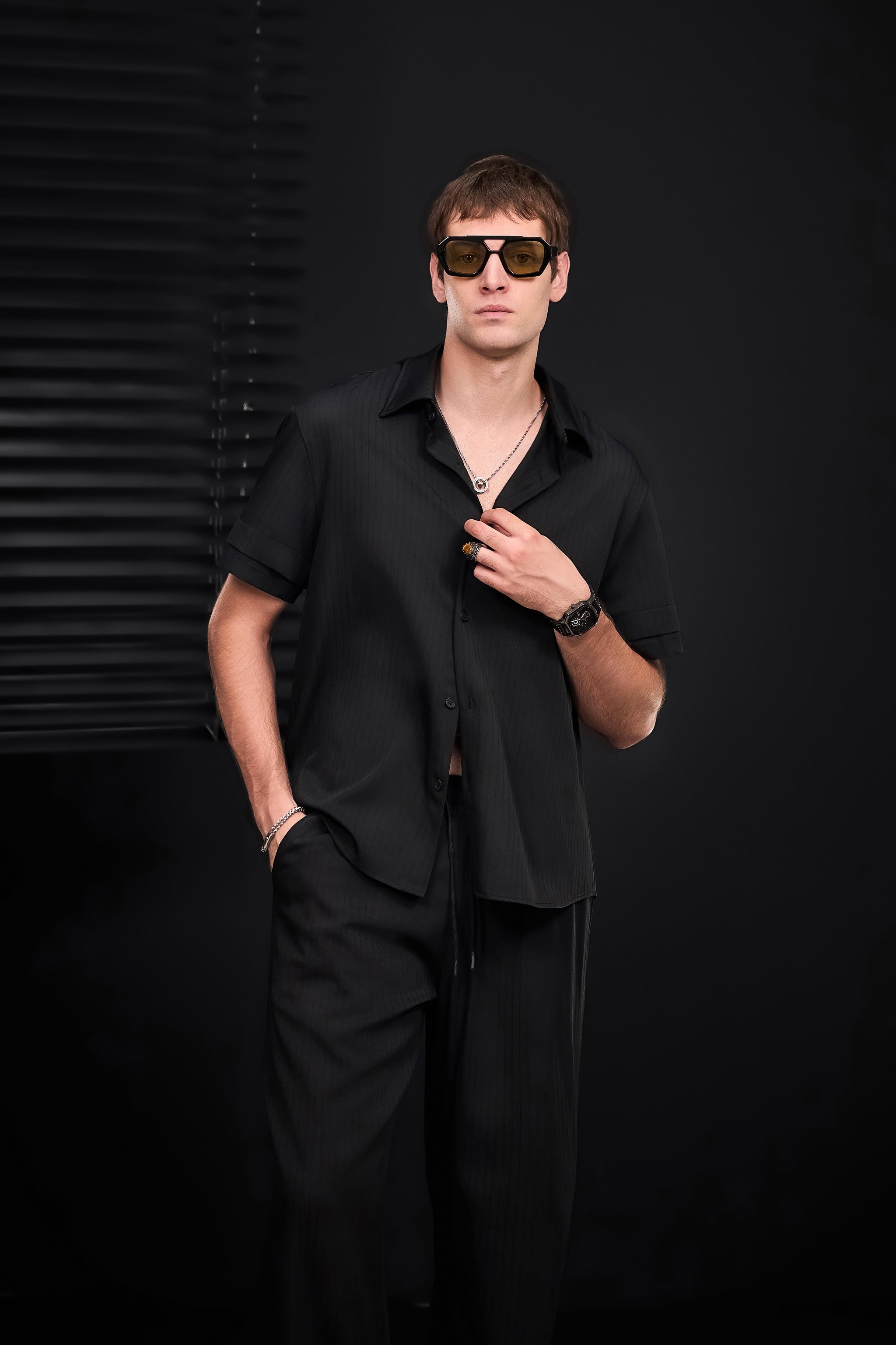 Flow Set – Textured Short Sleeve Shirt & Pant BLACK