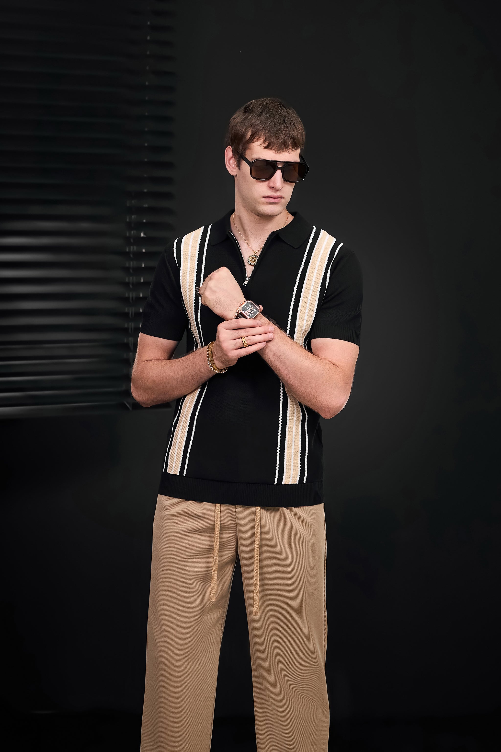 トップス Washed Stripe Polo Black small Retro Stripe Zip Knit Polo BLACK/KHAKI