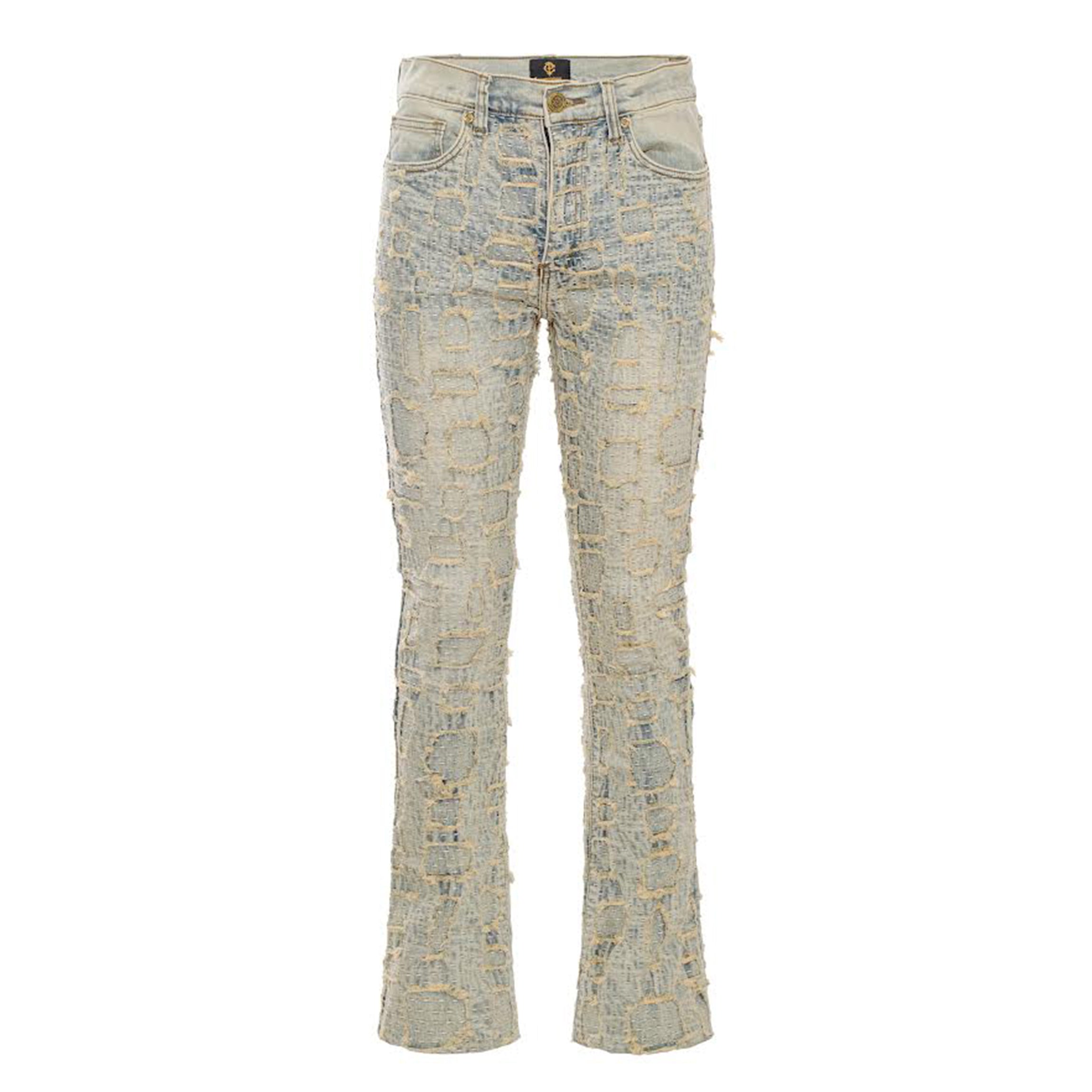 Patchwork Distressed Denim Jeans-TAN